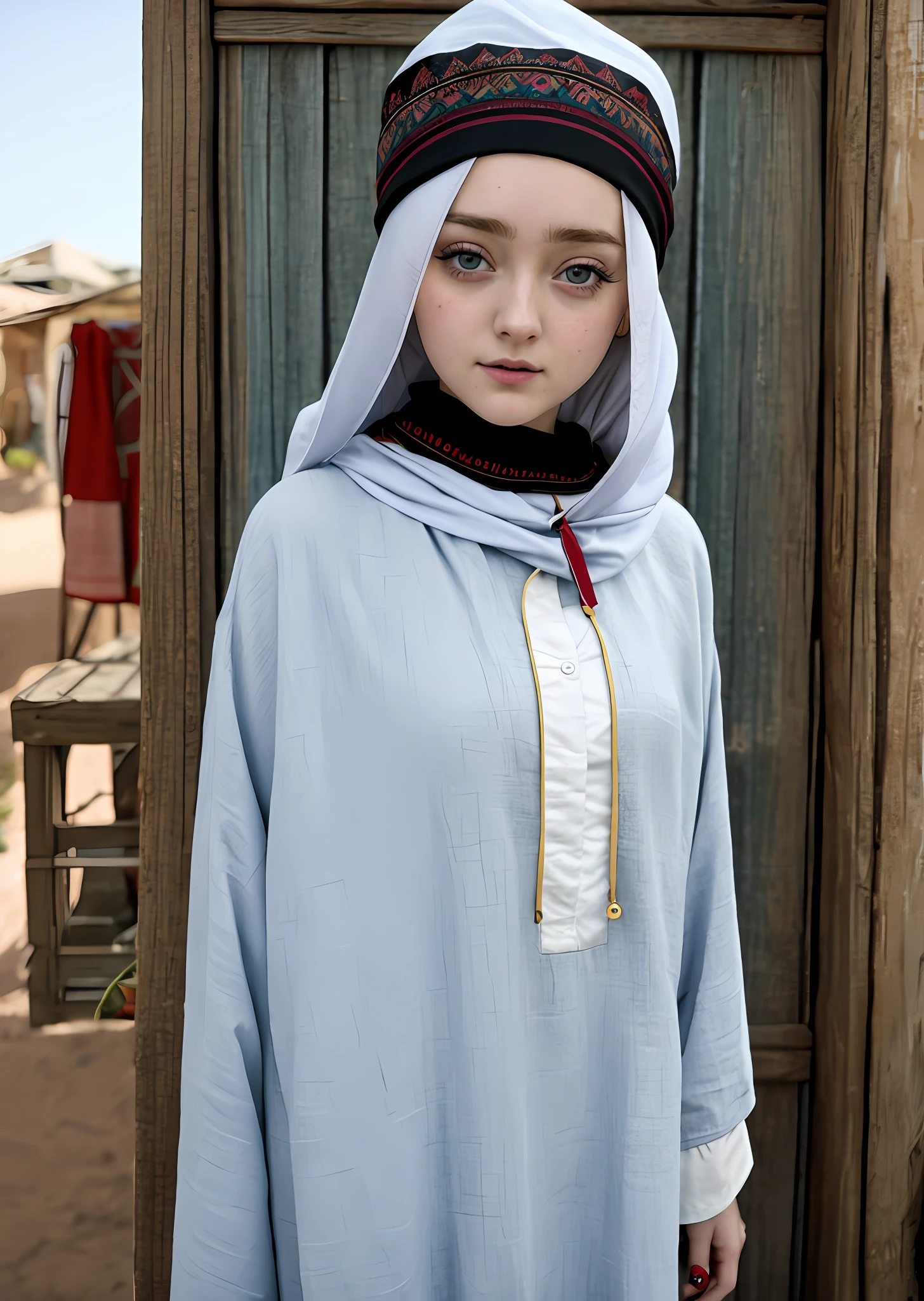 Dakota Fanning: Kathryn Newton: 0.85 ,chubby, perfect face, persian hijab, assasin,  oasis background, 1girl