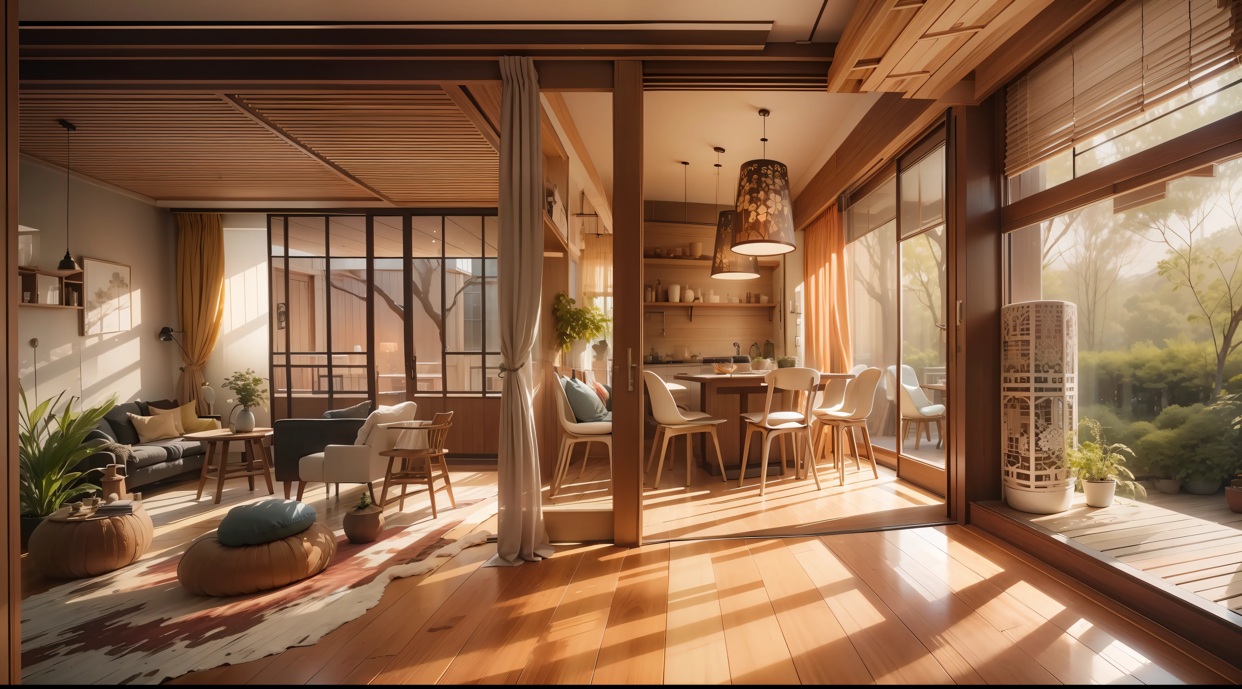 interior design、Insanely detailed wide-angle architectural photo、Cozy contemporary living room、(Bright and warm sunlight 1:0.1)、Award-winning contemporary interior design、landscapes、The table、a chair、in a house、Wooden flooring、window、resturant、east asian east asian architecture、sliding paper doors、abajour、architectural、the woods、naturey、cups、a plant、interior design、Insert lighting and shadows、depth of fields、low illuminance