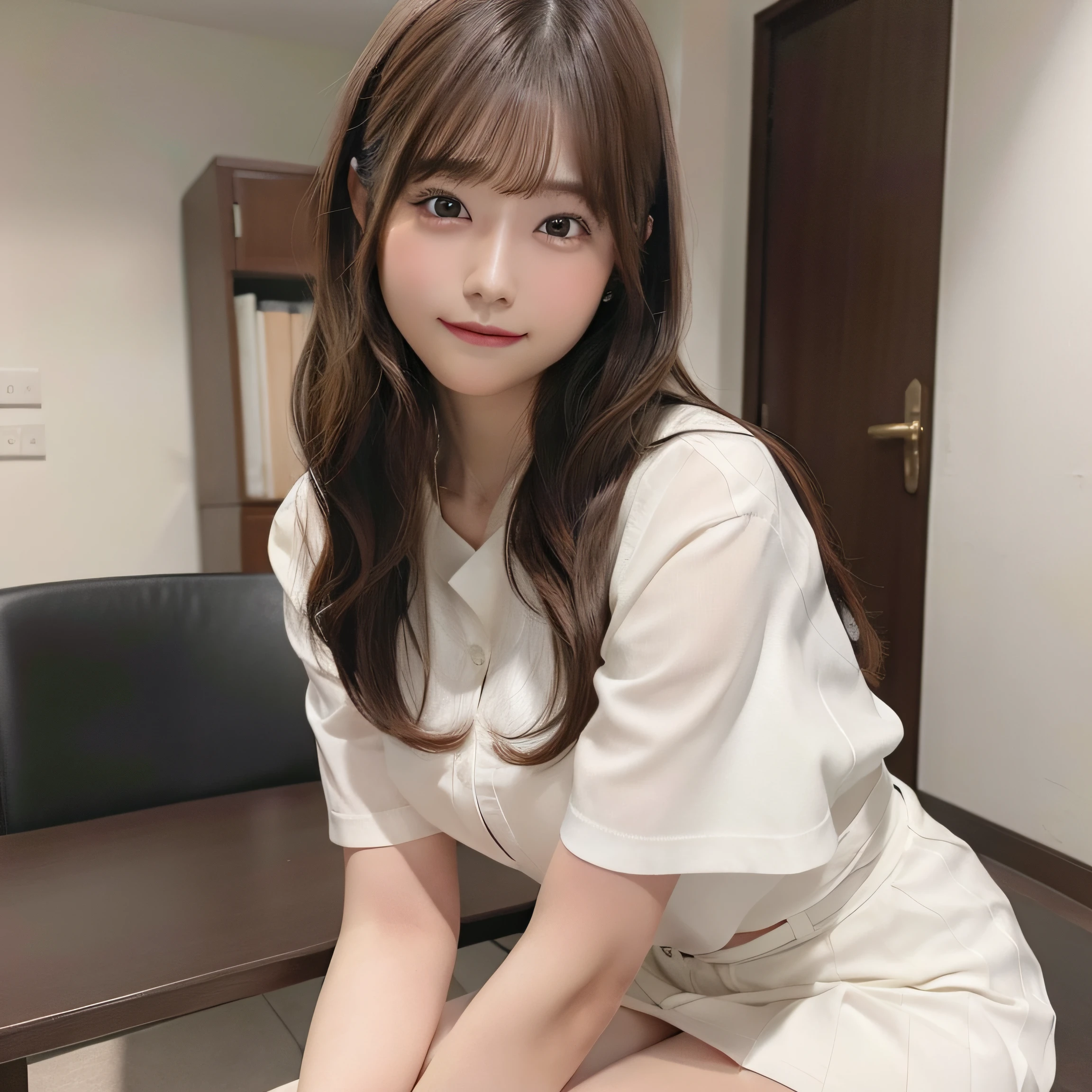 8k RAW photo, top-quality, ​masterpiece:1.3, 超A high resolution, film grains, 1woman, Look at viewers, natural skin textures, realistic eyes and face details, Full lips, fluffy hair, Shy smile, Surreal Women、full bodyesbian、Blur the background, Business suits, white  shirt, Skirt to the knee, thighs thighs thighs thighs, s Office ,(Brown medium hair,Bangs), (touch hair:1.4),nogizaka,beautiful foot:1.3,From the knee up、poneyTail