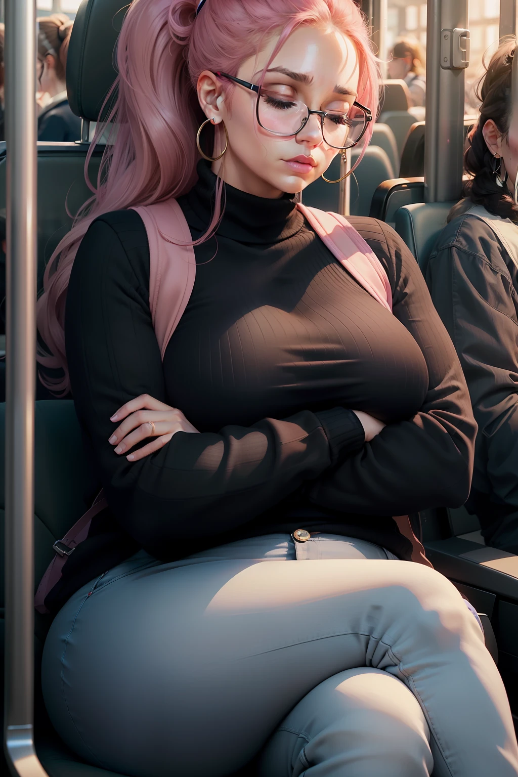 1 beautiful woman, large body, 30-year-old woman, made-up face, glasses, hair in a ponytail, hoop earrings, ponytail, pink blouse, black sweater, long blue jeans, sneakers, made-up eyelids, brown handbag , arms crossed, asleep sitting on the bus, eyes closed, mouth open.