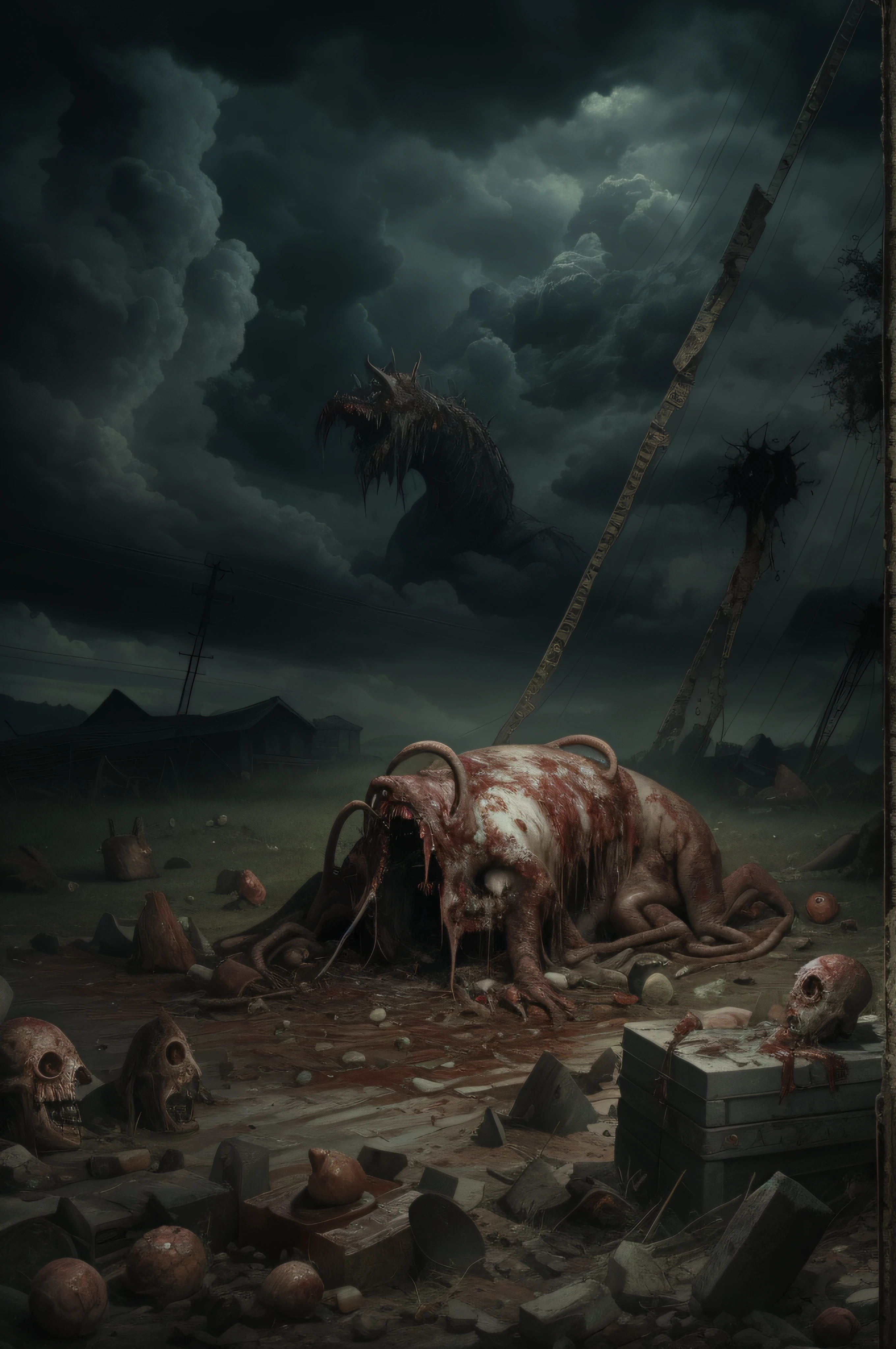 masterpiece, best quality, high resolution, 4k wallpaper, gore, monster, uma paisagem feita de carne deformada, monstrosity scattered on the ground, grotesque scenario, horror art, creep, sky with dark clouds, noite escura, horripilante