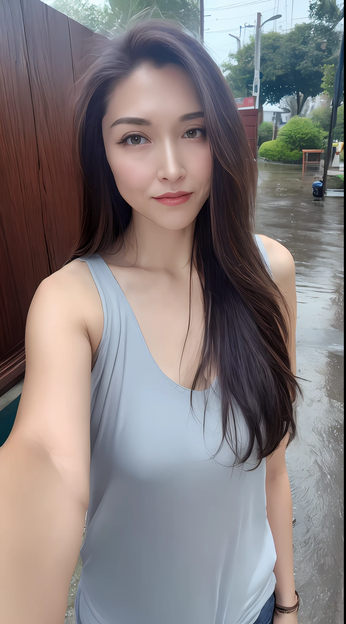 (Top Quality, 4k, Masterpiece: 1.3), Beauty, 1 Girl, Sexy: 1.1, Dark Brown Hair: 1.1, (Rain-wet, Rain-soaked, Wet Body: 1.2), White Tank Top, Ultra-Detailed Face, Detailed Lips, Detailed Eyes, Double Eyelids, Ass Viewer