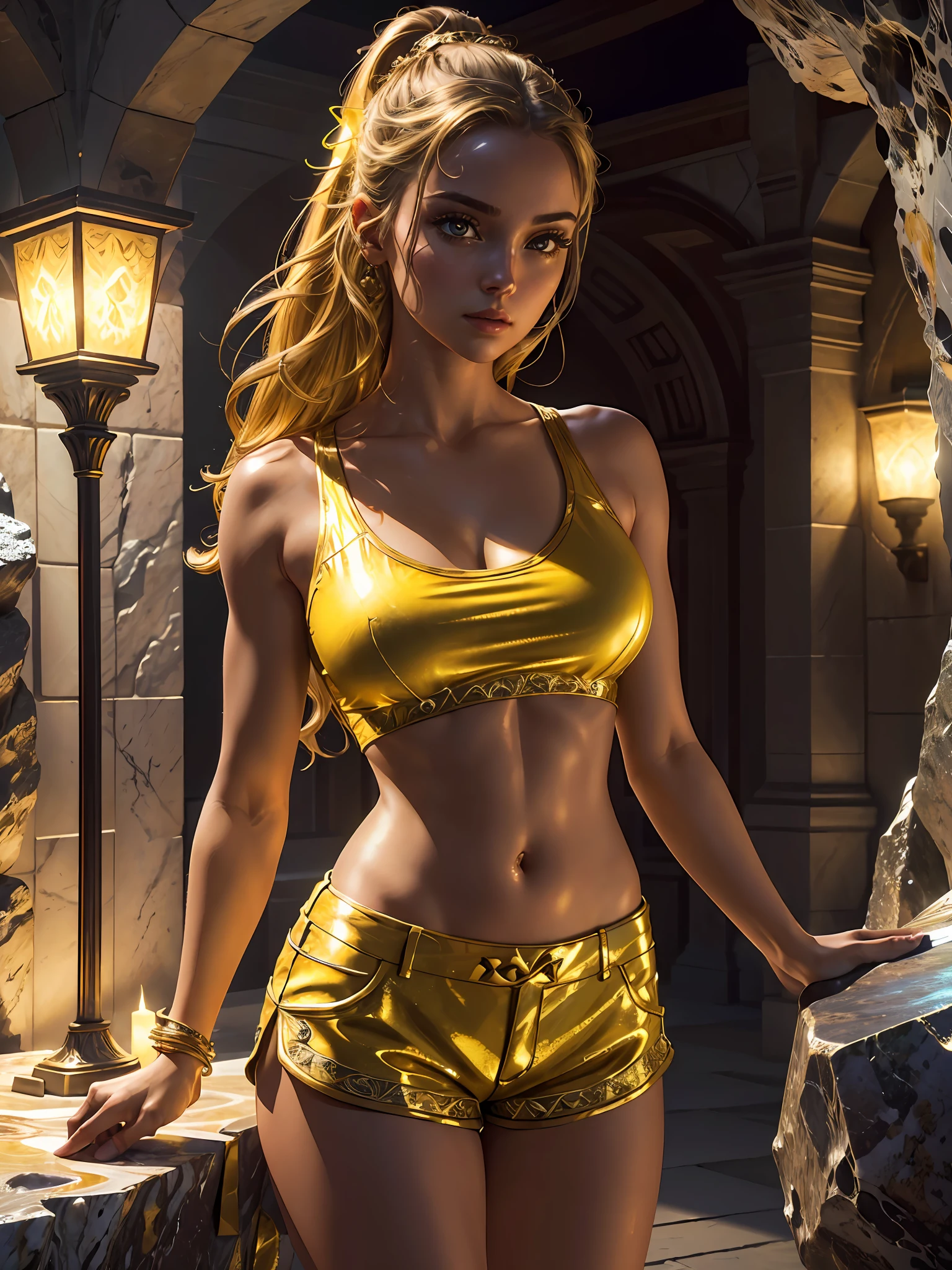 (masterpiece), (best quality), ((ultra-detailed)), (hyperrealistic), (highly detailed photo), cinematic lighting, photorealistic, extremely beautiful young lady in the marble rocks, intricate detailed crop top and shorts, shining, gloss, crisp, flirty, epic, focus, artistic, very bright, yellow, lumen