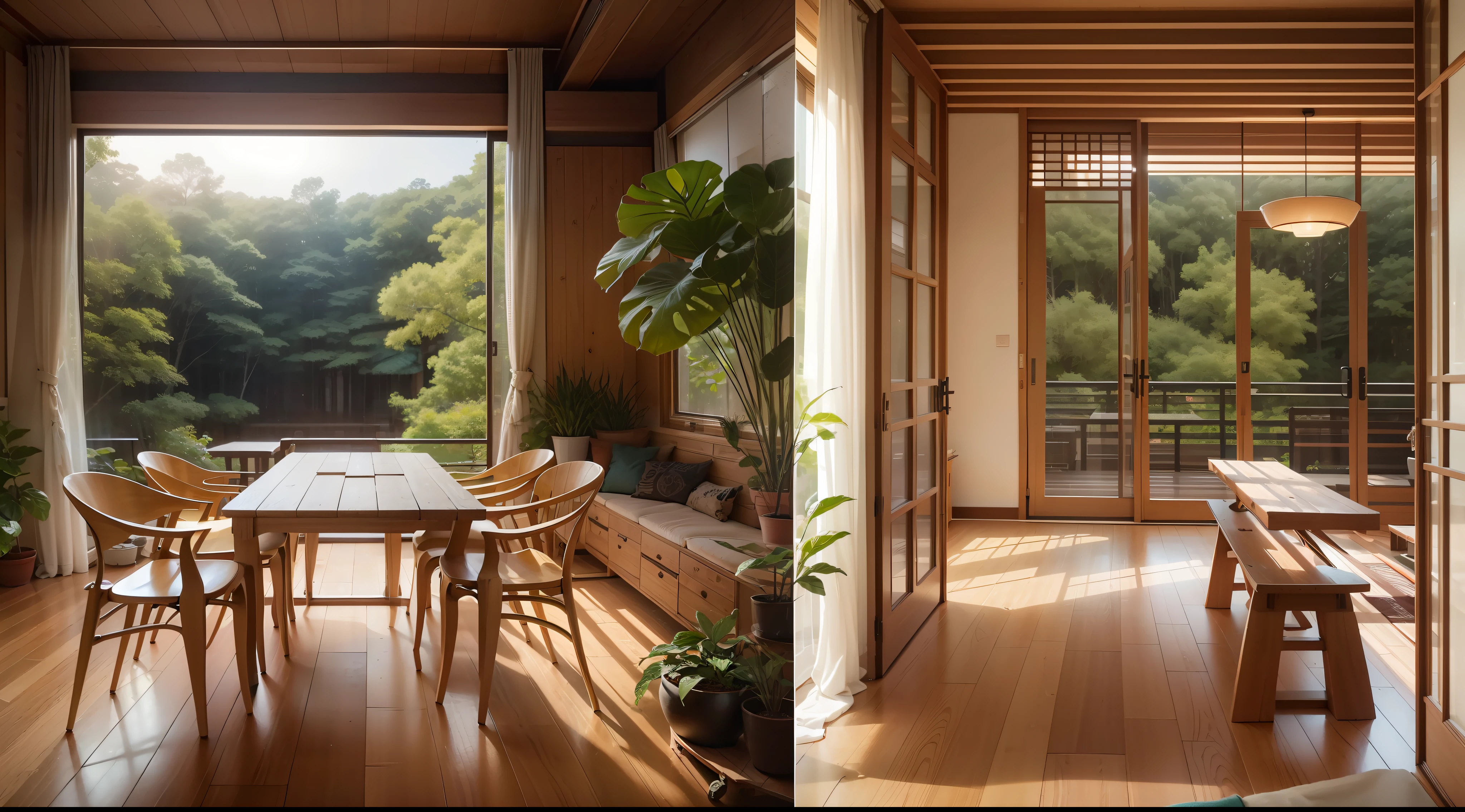 interior design、Insanely detailed wide-angle architectural photo、Cozy contemporary living room、(Bright and warm sunlight 1:0.1)、Award-winning contemporary interior design、landscapes、The table、a chair、in a house、Wooden flooring、window、resturant、east asian east asian architecture、sliding paper doors、abajour、architectural、the woods、naturey、cups、a plant、interior design、Insert lighting and shadows、depth of fields、low illuminance