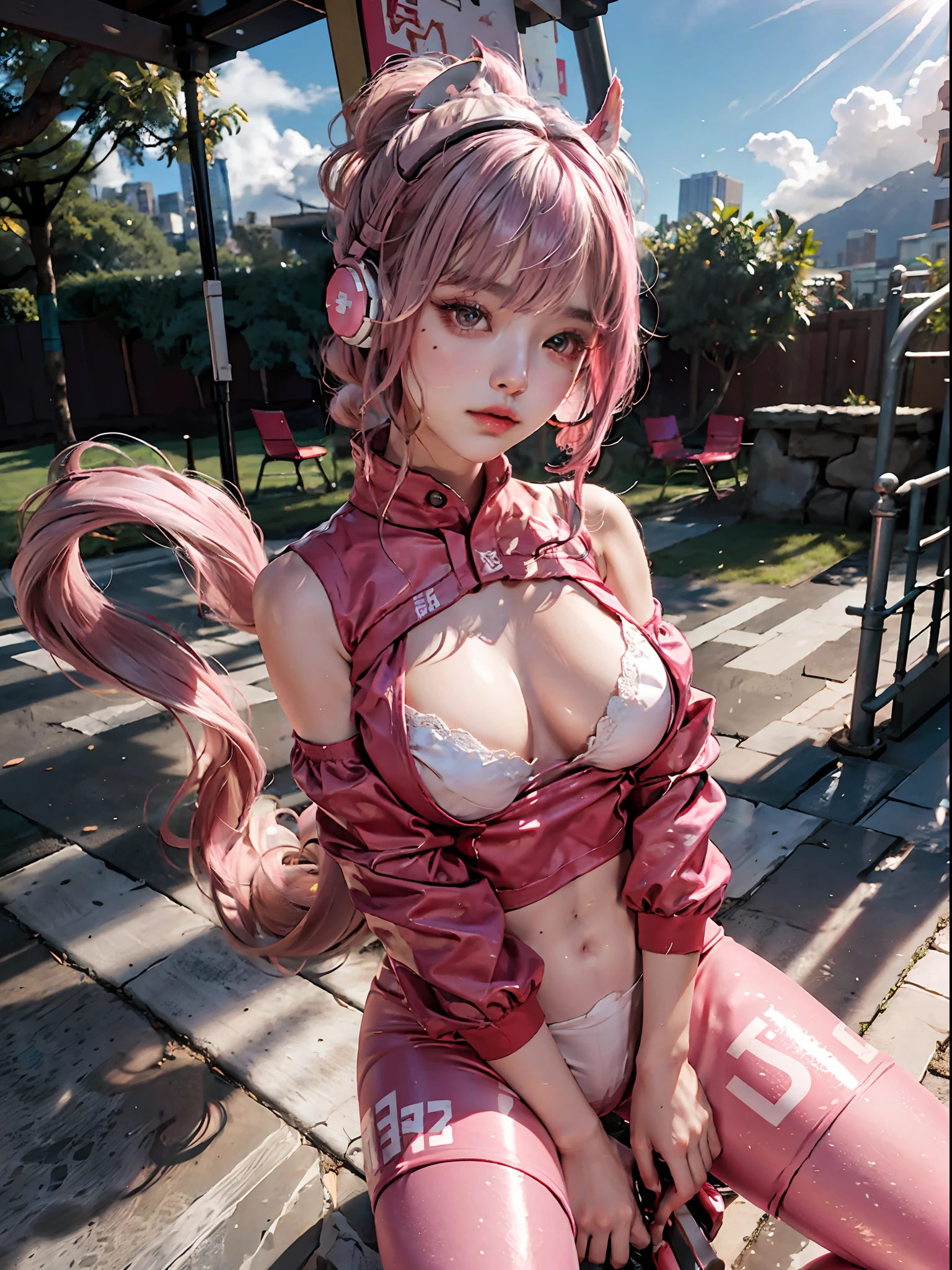 best qualtiy, tmasterpiece, 超高分辨率, (fidelity: 1.9), RAW photogr, 1girll, exposed bare shoulders,Naked of breast, closeup cleavage, Asians, exteriors, playground, 电影灯光, By bangs, tightsuit, huge tit, exposing your navel, mitts, Earphone, Very erotic tights, ,big cleavage breasts, long whitr hair, longer sleeves, parted lip, Pink tights, Pink eyes, Pink hair, Fluffy sleeves, red blous, shrugged shoulders\(The clothes ar\), skin tight, 独奏,Double tail,alice\(Japanese post),(tmasterpiece:1.4),(best qualtiy:1.4),(shiny skins),Photorealsitic