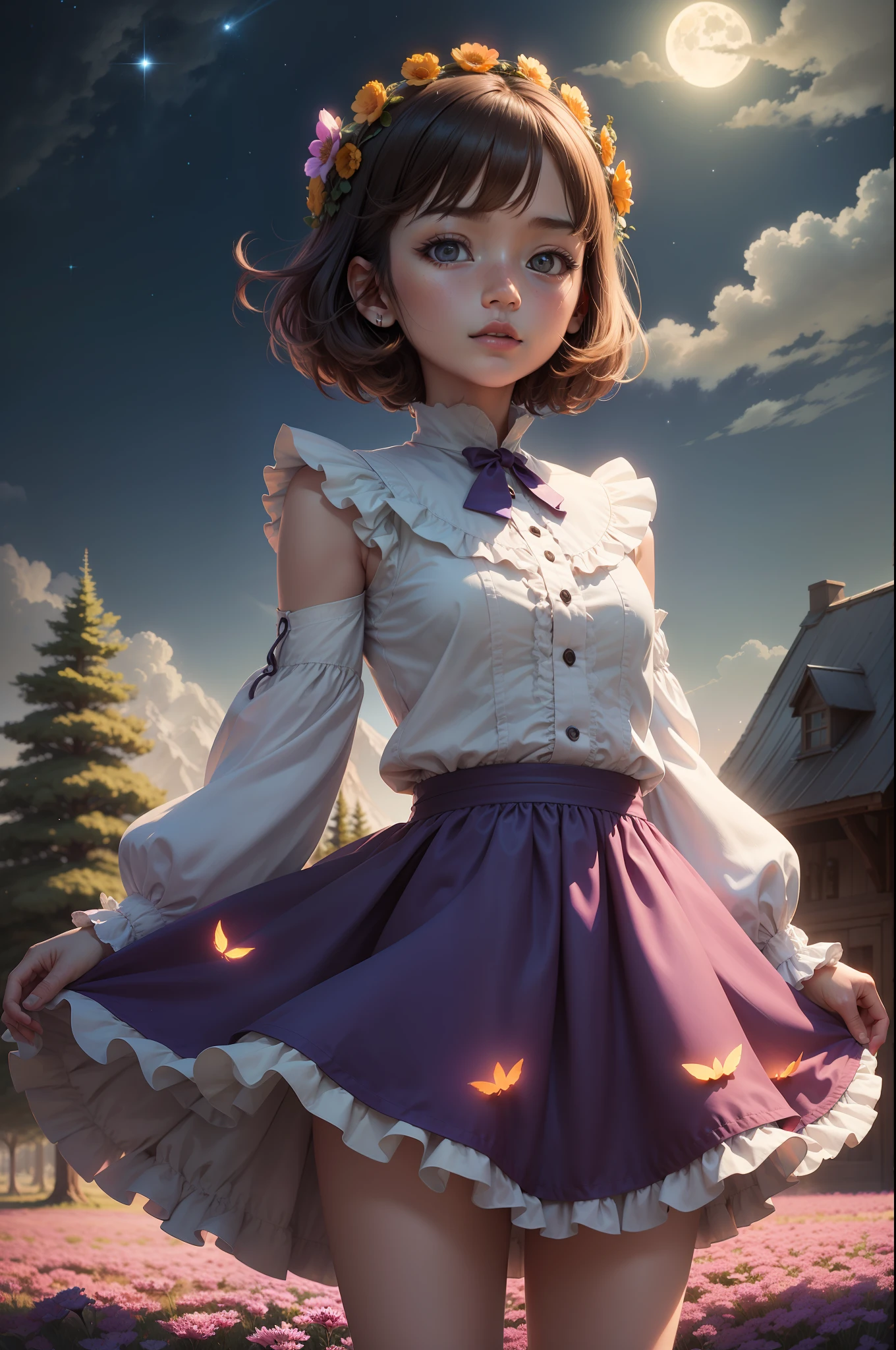 Expansive landscape photograph,(look from down,Above is the sky,Below are open fields),(A girl standing on a flower field looking up:1.0),pink short hair,White maid skirt,(moon full:1.2),(meteors:0.9),(Starcloud:1.3),Far Mountain, Tree BREAK making art,(Warm light source:1.2),(glowworm:1.2),lamp lights,Lots of purple and orange,Complicated details,Volumetric lighting BREAK(tmasterpiece:1.2),(best qualtiy),4K,ultra - detailed,(dynamic compositions:1.4),detail-rich,plethora of colors,(Irridescent color:1.2),(with light glowing,Atmospheric lighting),dream magical,magical,(独奏:1.2)