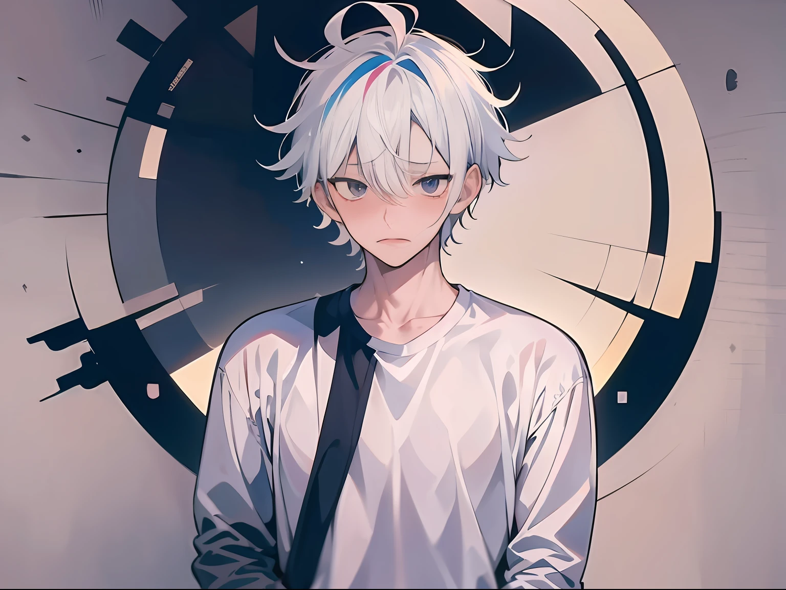 Masterpiece,(anime style + soft cute) boy, white hair, white shirt, sadness, full body, detailed face