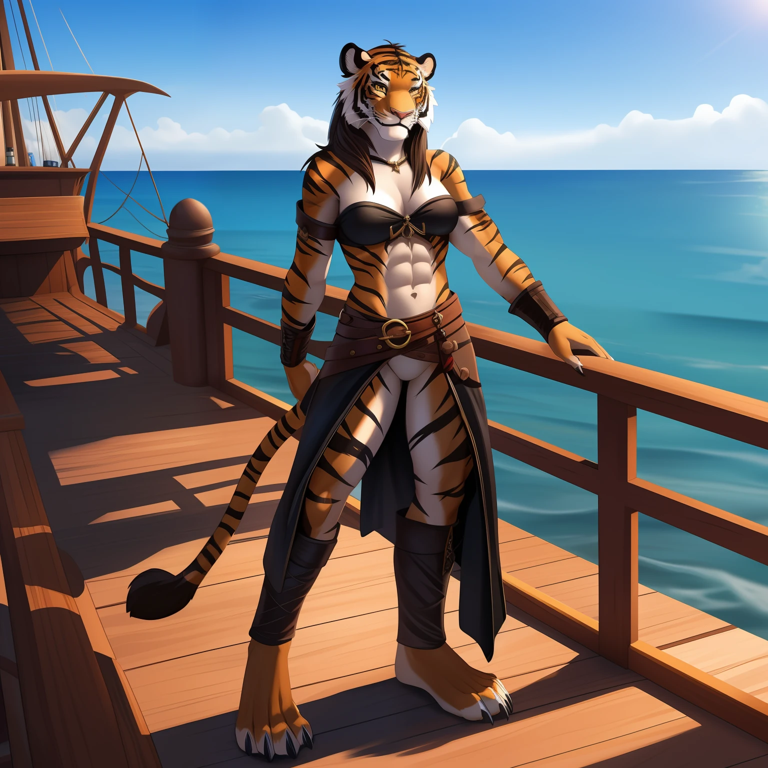 (High res, best quality, masterpiece) realistic drawing, soft light, bright light, ocean background, adult female, (solo, woman) anthro cat woman, human face, ((lion tail, panther fur, claws, tiger snout)), clawed feet, slender body, medium breasts, abs, pirate outfit, fully body, pirate wardrobe, smiling, smirking expression, on a boat, brown top, leather armor, bare_shoulders