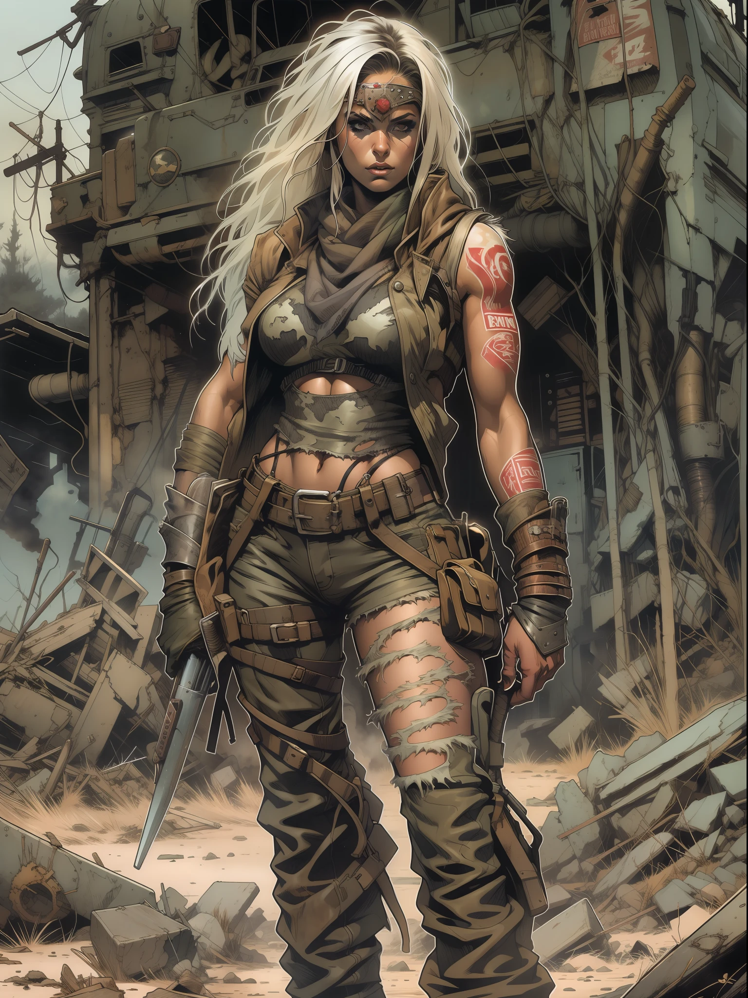 A post-apocalyptic warrior, uma mulher de 35 anos quase nua no estilo Simon Bisley para a capa da revista Heavy Metal, cabelo metade preto metade branco, Minimum clothing, roupas curtas,