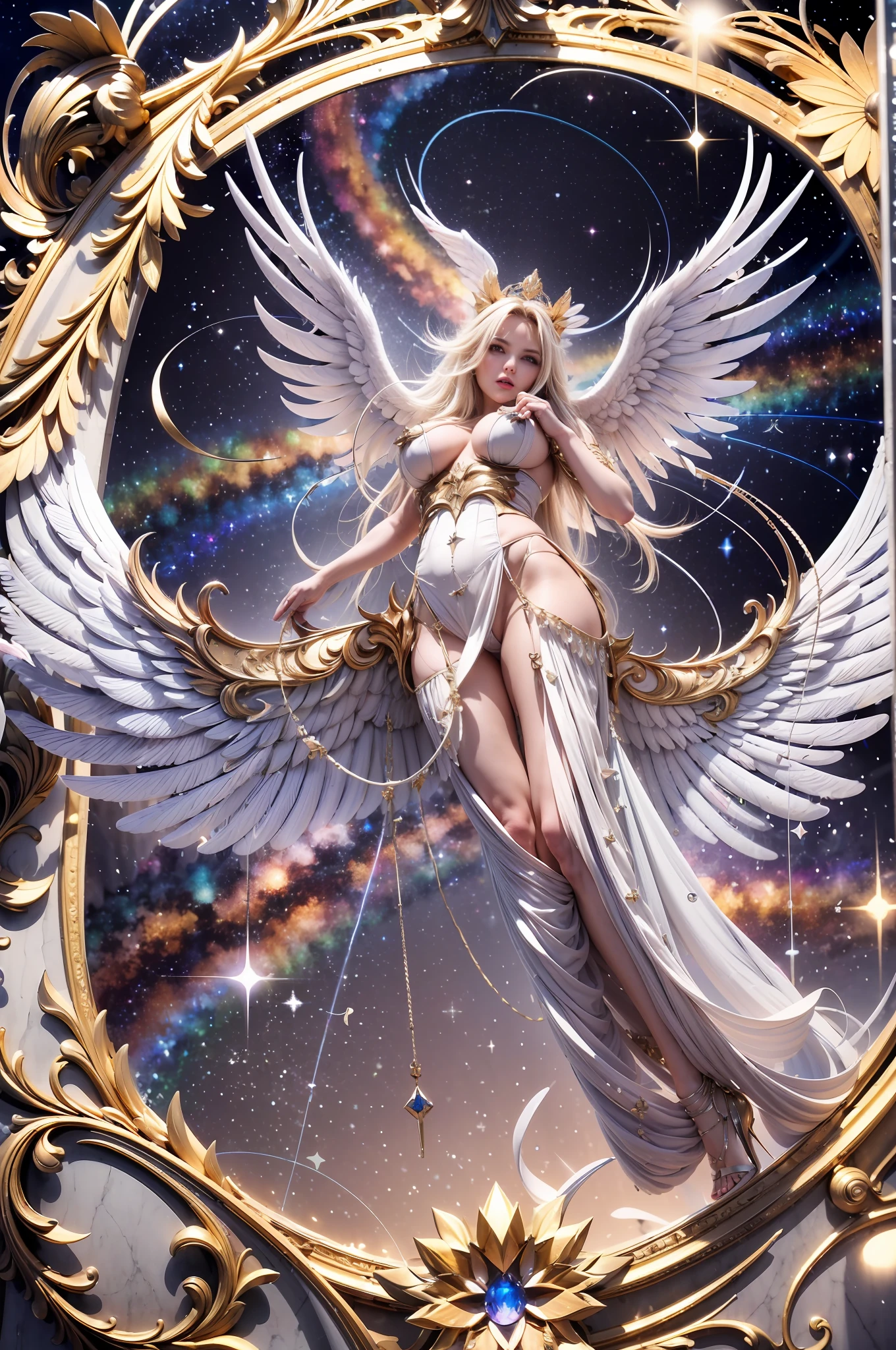 (​masterpiece), (top-quality:1.4), absurderes, [:intricate-detail:0.2], angelicales, Angel big wings, milkyway, Skysky, shimmering aura, Intense focus, Crackling energy, mystic symbols, sparkling motes,Colossal tits