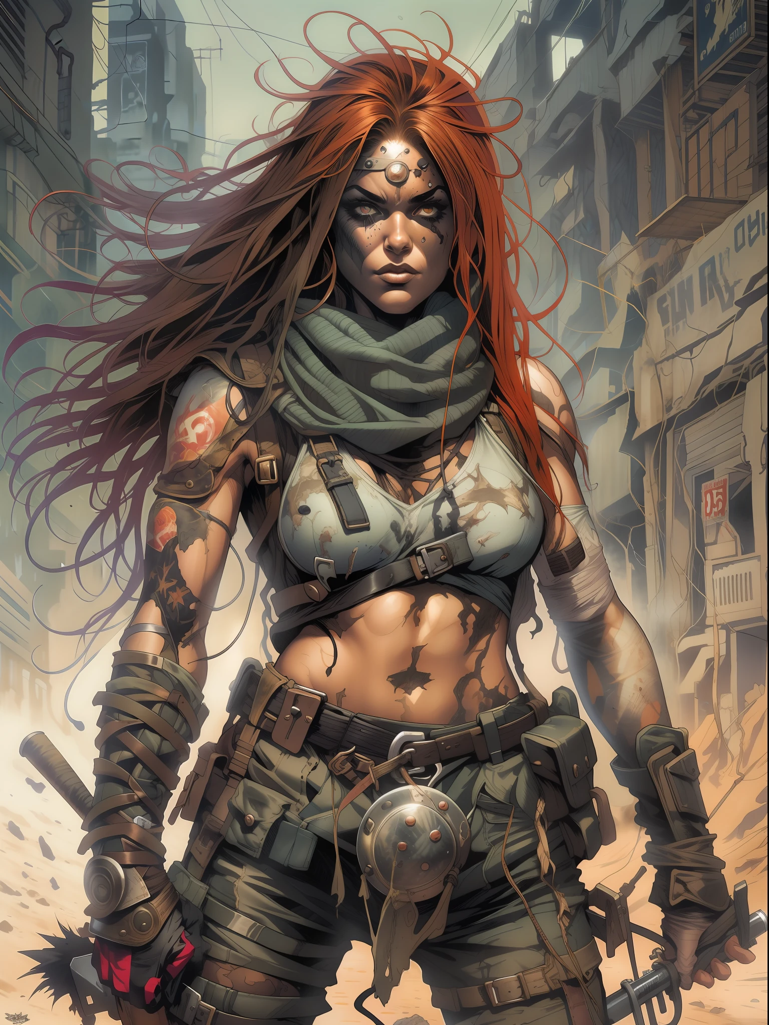 A post-apocalyptic warrior, uma mulher de 35 anos quase nua no estilo Simon Bisley para a capa da revista Heavy Metal, cabelo metade preto metade branco, Minimum clothing, roupas curtas,