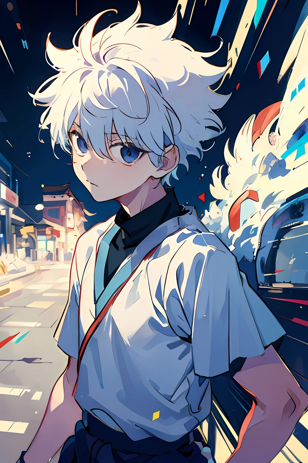 1boy, killua_zoldyck, solo, focus, , walking, looking down, worried, sports shorts, japanese style, upper body, from side, small town, soft light, looking at viewer