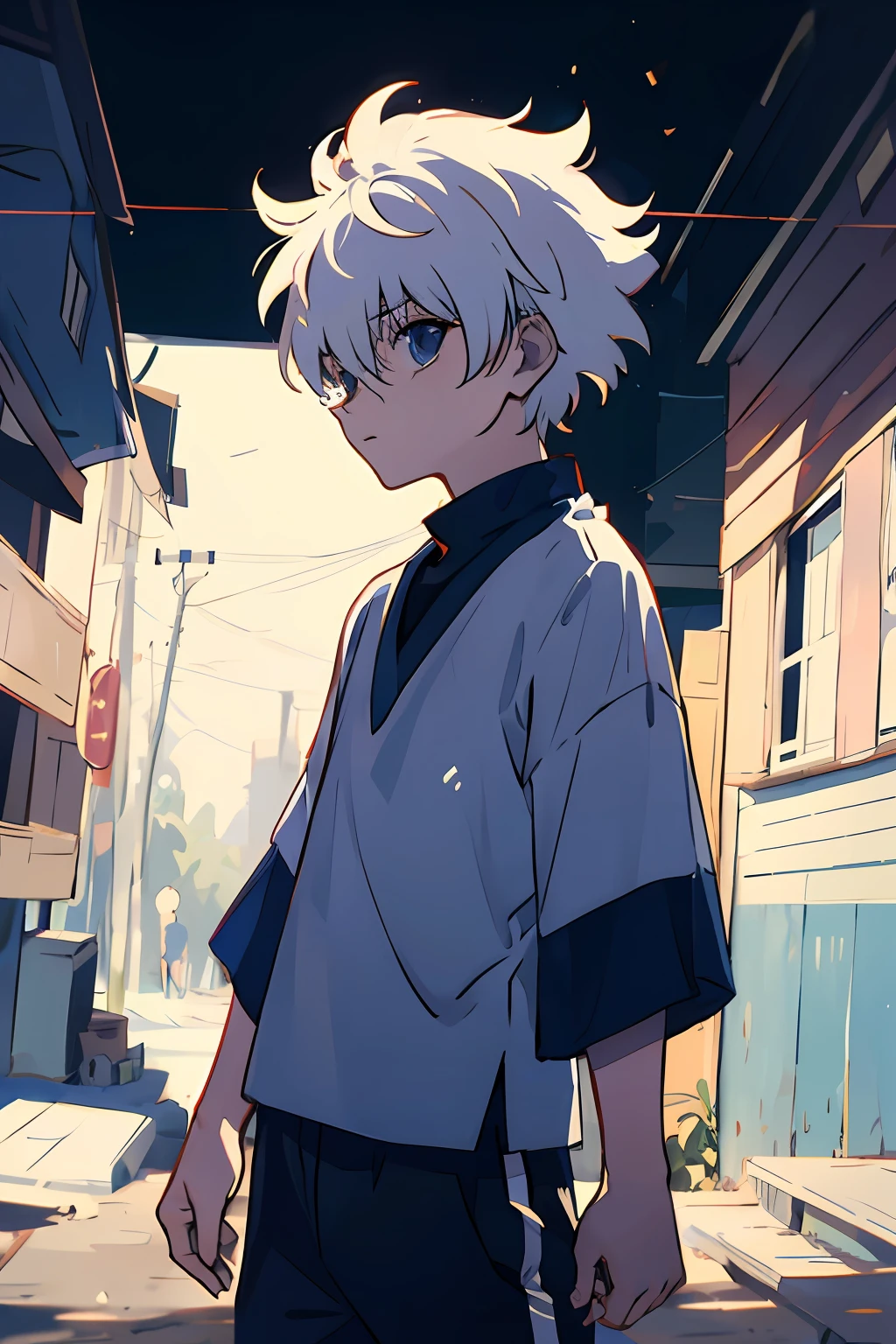 1boy, killua_zoldyck, solo, focus, , walking, looking down, worried, sports shorts, japanese style, upper body, from side, small town, soft light, looking at viewer