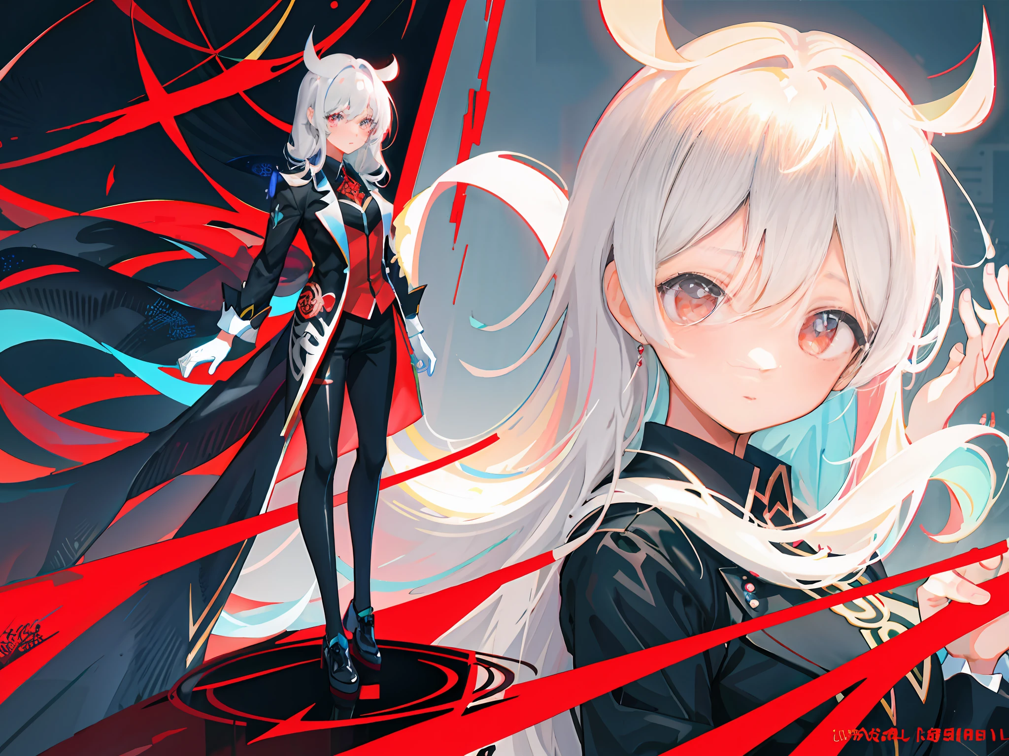 highr，1girll，cabelos preto e longos，red color eyes，In black suit，White gloves，standing on your feet，HighestQuali，Chinese girl design，Genshin detailed art，Anime character design，anime concept art，pretty anime character design，anime character reference sheet，[character  design]，