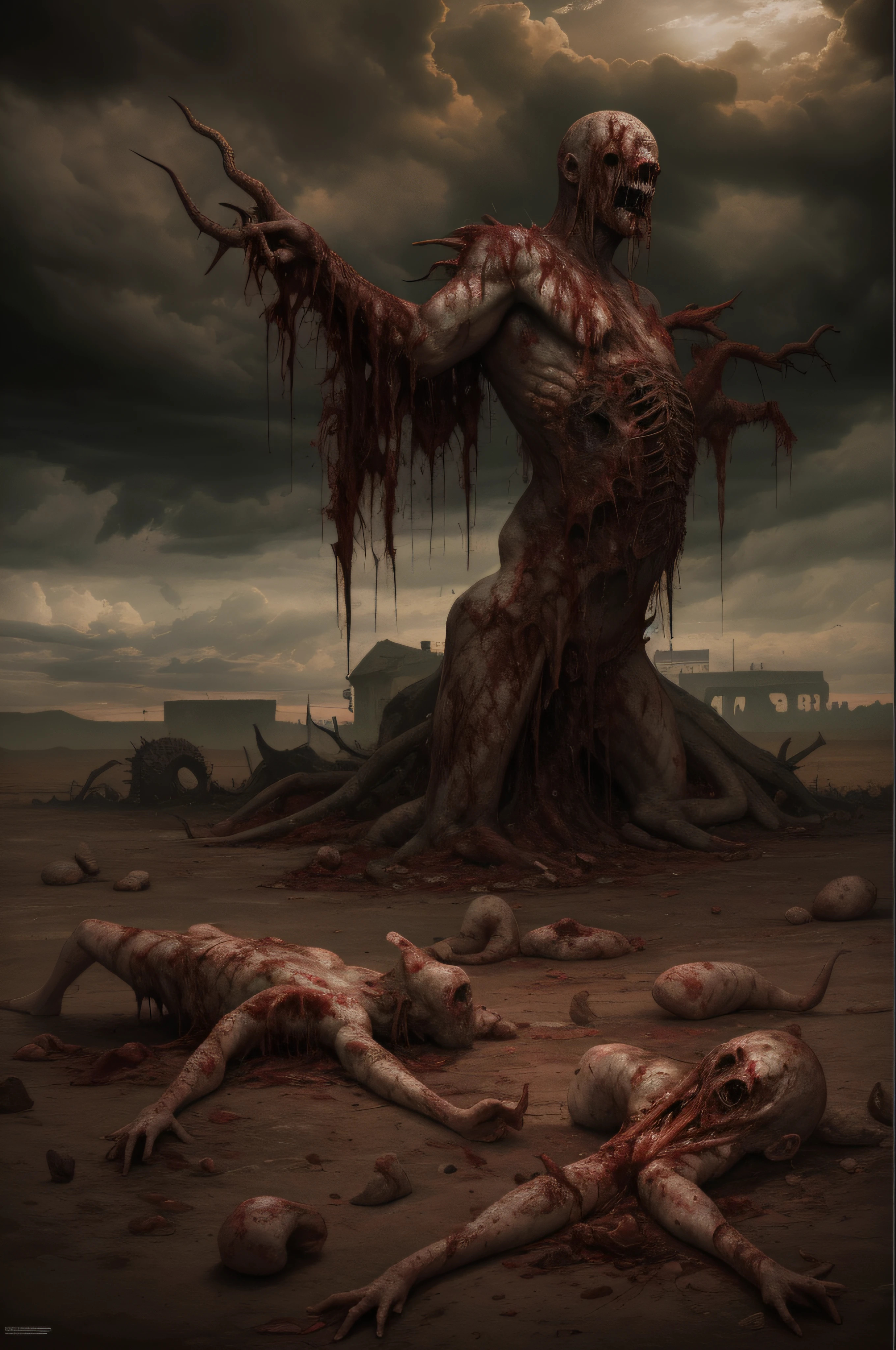 masterpiece, best quality, high resolution, 4k wallpaper, gore, flesh uma paisagem feita de carne deformada, monstrosity scattered on the ground, fleshy ground, rotting flesh, grotesque scenario, Dark red scenery, horror art, creep, sky with dark clouds, noite escura, horripilante