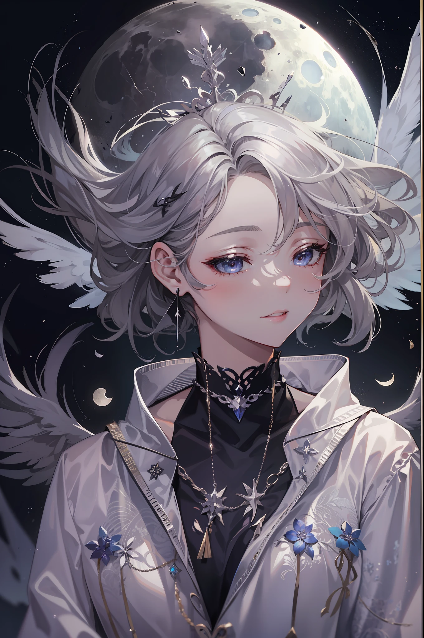 Being a girl。short silver hair。The girl is facing the front。Wearing black clothes。Sitting on the side。Angel black wings grow from behind。Be colorful。The presence of the moon between the wings。top-quality。Detailed illustrations。