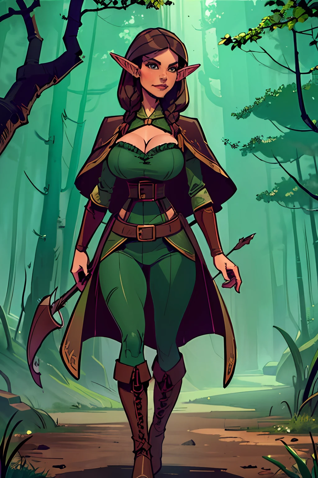 (masterpiece, top quality, best quality, official art, beautiful and aesthetic:1.2), (1girl:1.3), dark brown hair in a single braid, extremely detailed, portrait, looking at viewer, solo, (full body:0.6), detailed background, close up, cat eyes, (warm summer forest theme:1.1), elf ranger, charlatan, smirk, mysterious, walking in forest, revealing ranger attire, brown leather, cowl, cloak, corset, long boots, buckles, straps, pouches, bow and arrow, green fabric, brown leather, gigantic breasts, slim waist, slim hips, long legs, medieval (forest exterior:1.1) background, dark mysterious lighting, shadows, magical atmosphere, dutch angle, (((balsamique)))