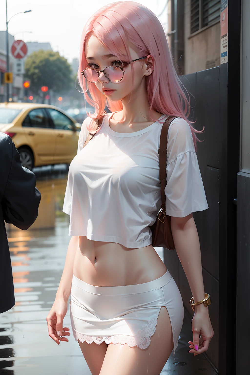 teens girl,Rain,Get wet,white shirt,Superskirt,White lace panties,Gold-tone glasses,A pink-haired