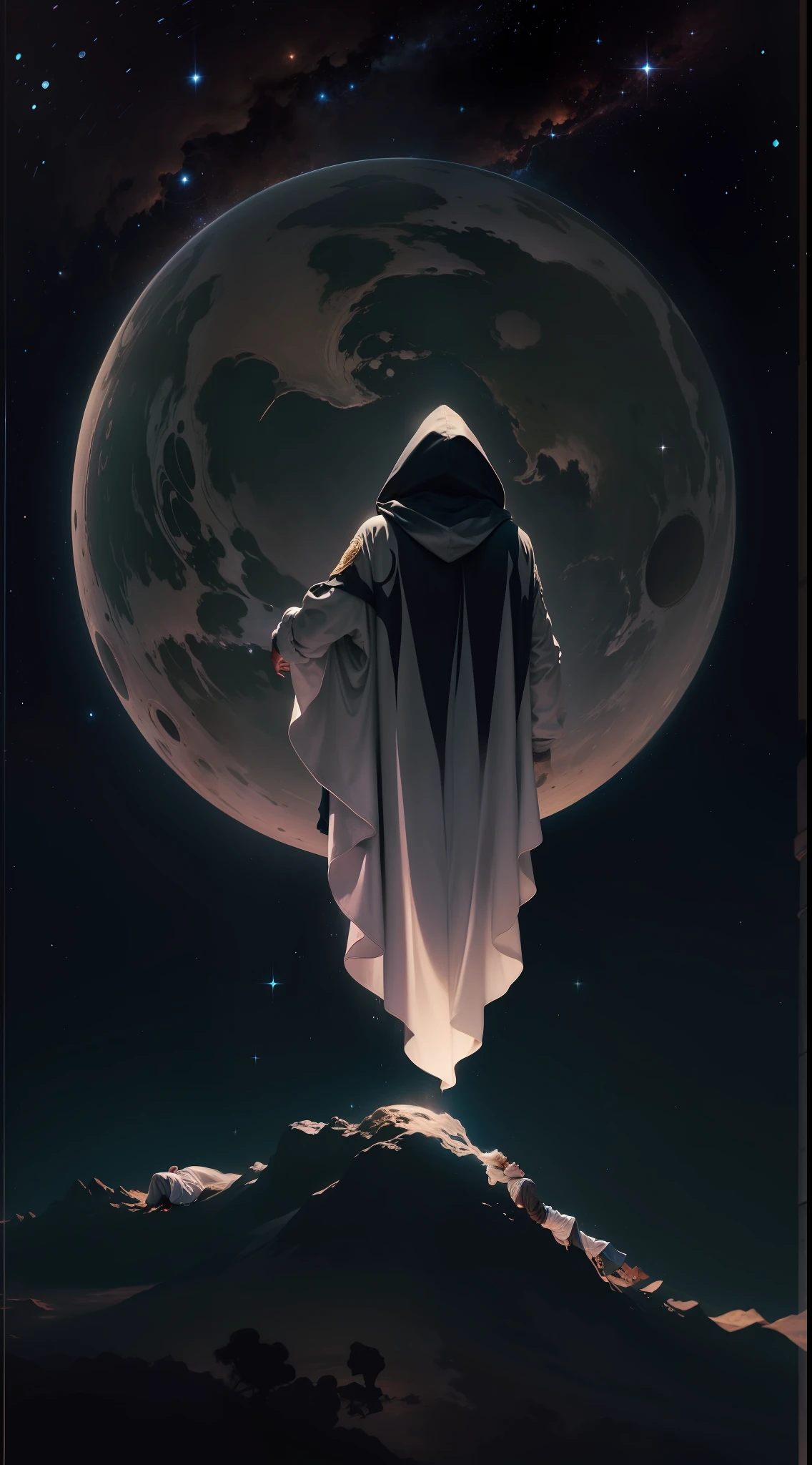 silhueta preto, a man on his back in a hooded robe flying over the earth at night, universo, noite