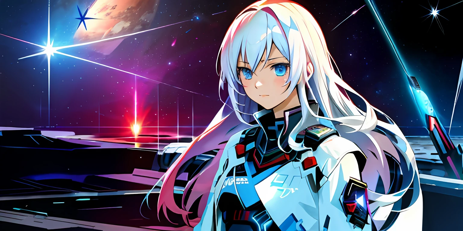 Azur route style,Day wind,Anime shoujo,quadratic element,Remnants of ancient space civilizations millions of years ago,A girl imitated by a nanobot,Nanorobots that can change shape,It is possible to control nanorobots into space battleships and so on,Although the extinction of the past created its own ancient space civilization,Locked in an isolated galaxy for millions of years,No more grumpy personality,but became a little tsundere,Now to eliminate millions of years of boredom,At the invitation of the Empire, Former member of the United Nations Council, has reached the space civilization,Legendary leader,Gestalt meaning,Tsundere,droid,Senior generals,Realistic interstellar,Space civilization,White-haired girl,long whitr hair,dishiveredhair,Anime image,Leader of the Empire,Scientist white coat,In the void