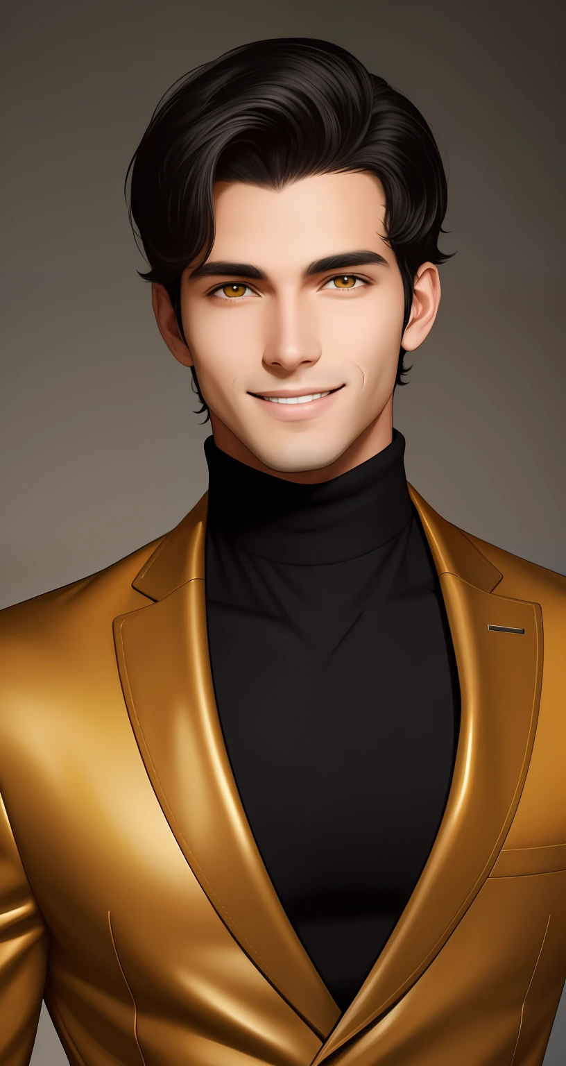 portraite of a. Tall young guy with medium-length black hair, Stacked on one side, and yellow eyes, Smiling. Dressed in a black turtleneck. suntan