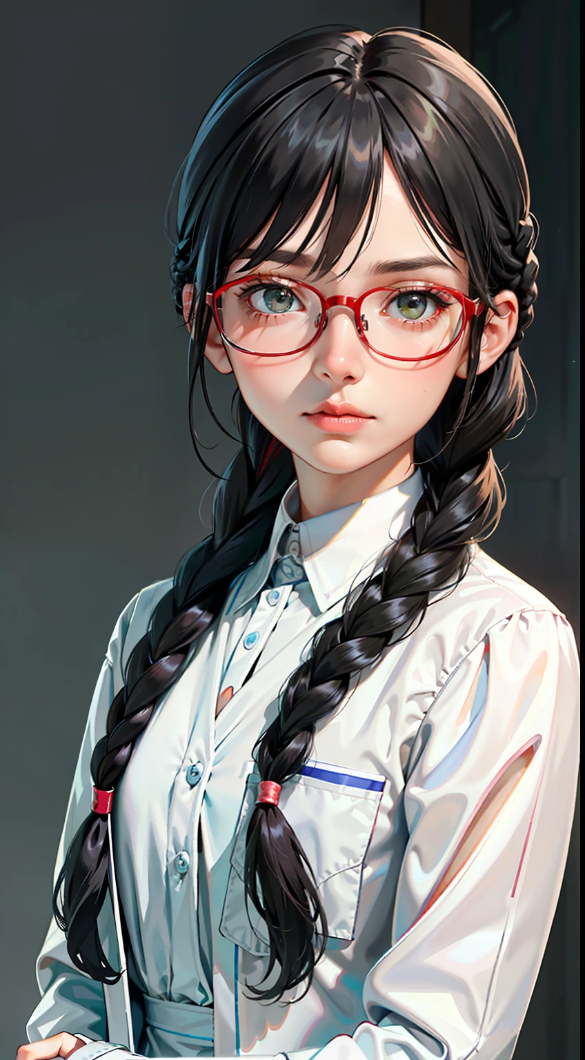 Polite dress code,Remote photos,((long hairstyle braid : 1.5)),anger,Beautiful delicate face with details, Beautiful delicate eyes with details, Perfect face proportions, Highly fine surface, finely detailed skin, The best ratio of four fingers to one thumb..,master-piece,high-detail, lifelike,(Put on a lab coat.... : 1.8),scholar,Maximum face resolution,mature adult,A woman dressed modestly....,Fully dressed,( tiny,Black Hair,Short black hairstyle on both sides,2 The best pigtails,Right on Bob.,Wear red glasses....,Dark green eyes),Future World,science fiction,Standing on the meadow,Profoundly intelligent personality
