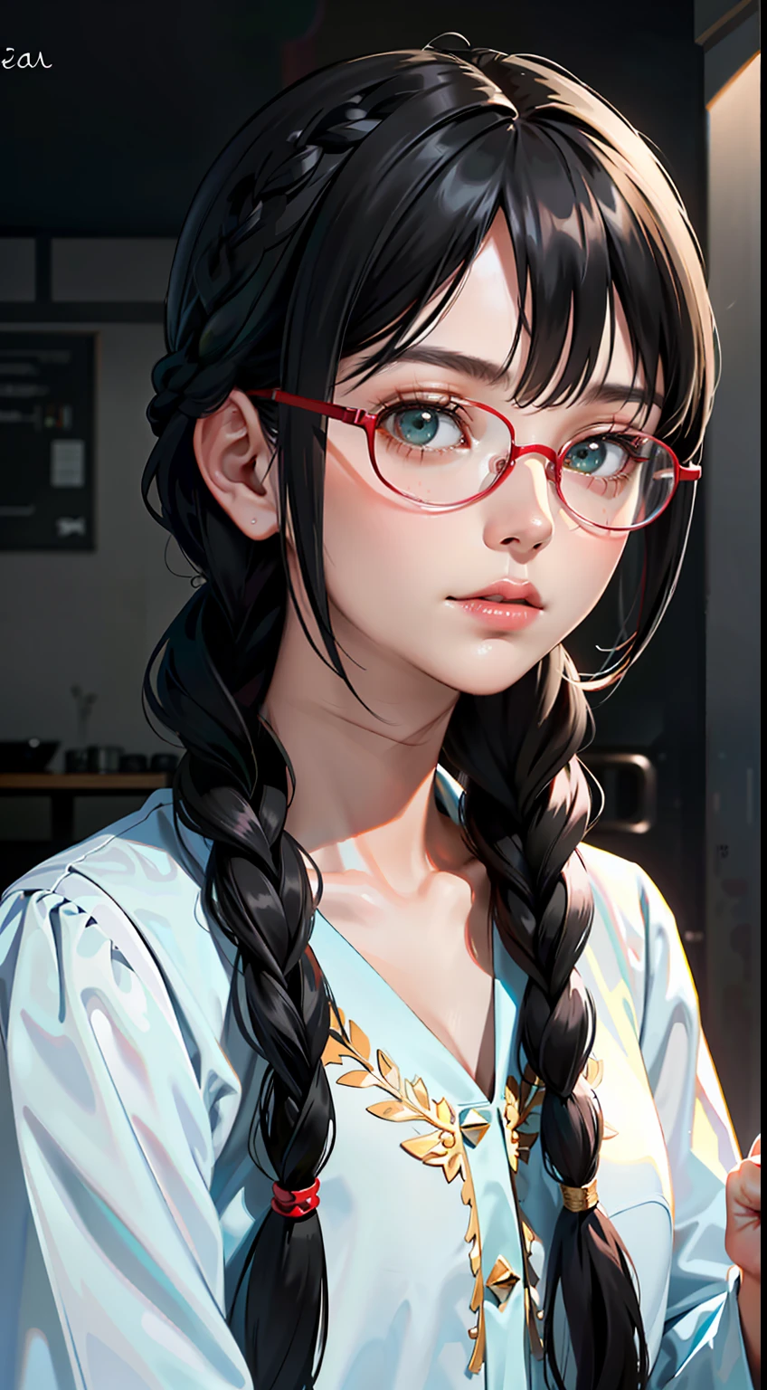 Polite dress code,Remote photos,((long hairstyle braid : 1.5)),anger,Beautiful delicate face with details, Beautiful delicate eyes with details, Perfect face proportions, Highly fine surface, finely detailed skin, The best ratio of four fingers to one thumb..,master-piece,high-detail, lifelike,(Put on a lab coat.... : 1.8),scholar,Maximum face resolution,mature adult,A woman dressed modestly....,Fully dressed,( tiny,Black Hair,Short black hairstyle on both sides,2 The best pigtails,Right on Bob.,Wear red glasses....,Dark green eyes),Future World,science fiction,Standing on the meadow,Profoundly intelligent personality
