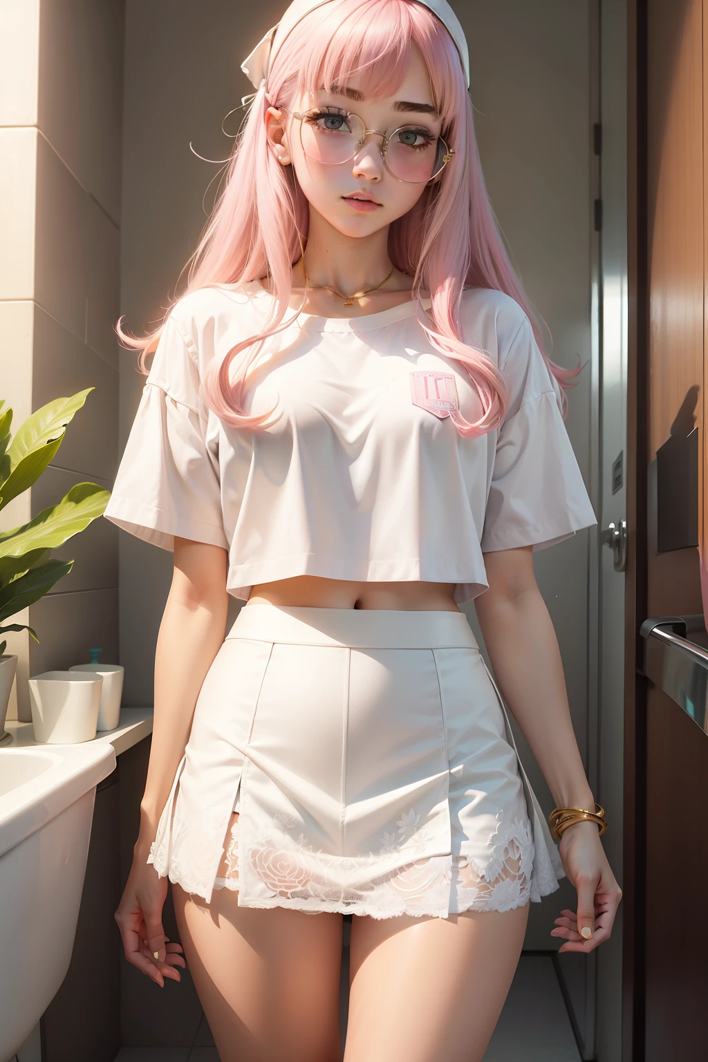 teens girl,Toilet,white shirt,Superskirt,White lace panties,Gold-tone glasses,A pink-haired