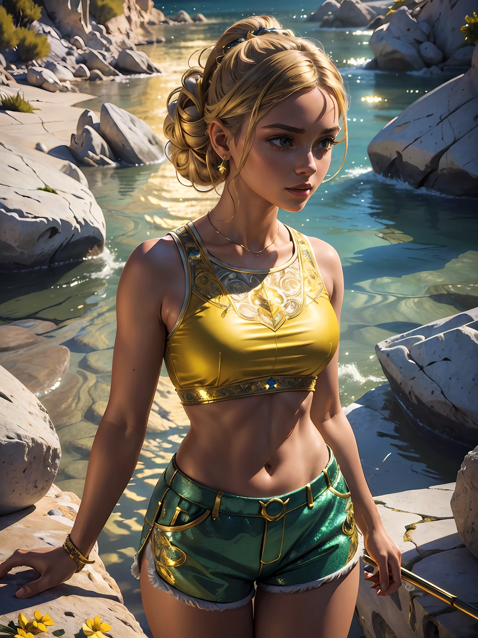 (masterpiece), (best quality), ((ultra-detailed)), (hyperrealistic), (highly detailed photo), cinematic lighting, photorealistic, extremely beautiful young lady in the marble rocks, intricate detailed crop top and shorts, shining, gloss, crisp, flirty, epic, focus, artistic, very bright, yellow, updo