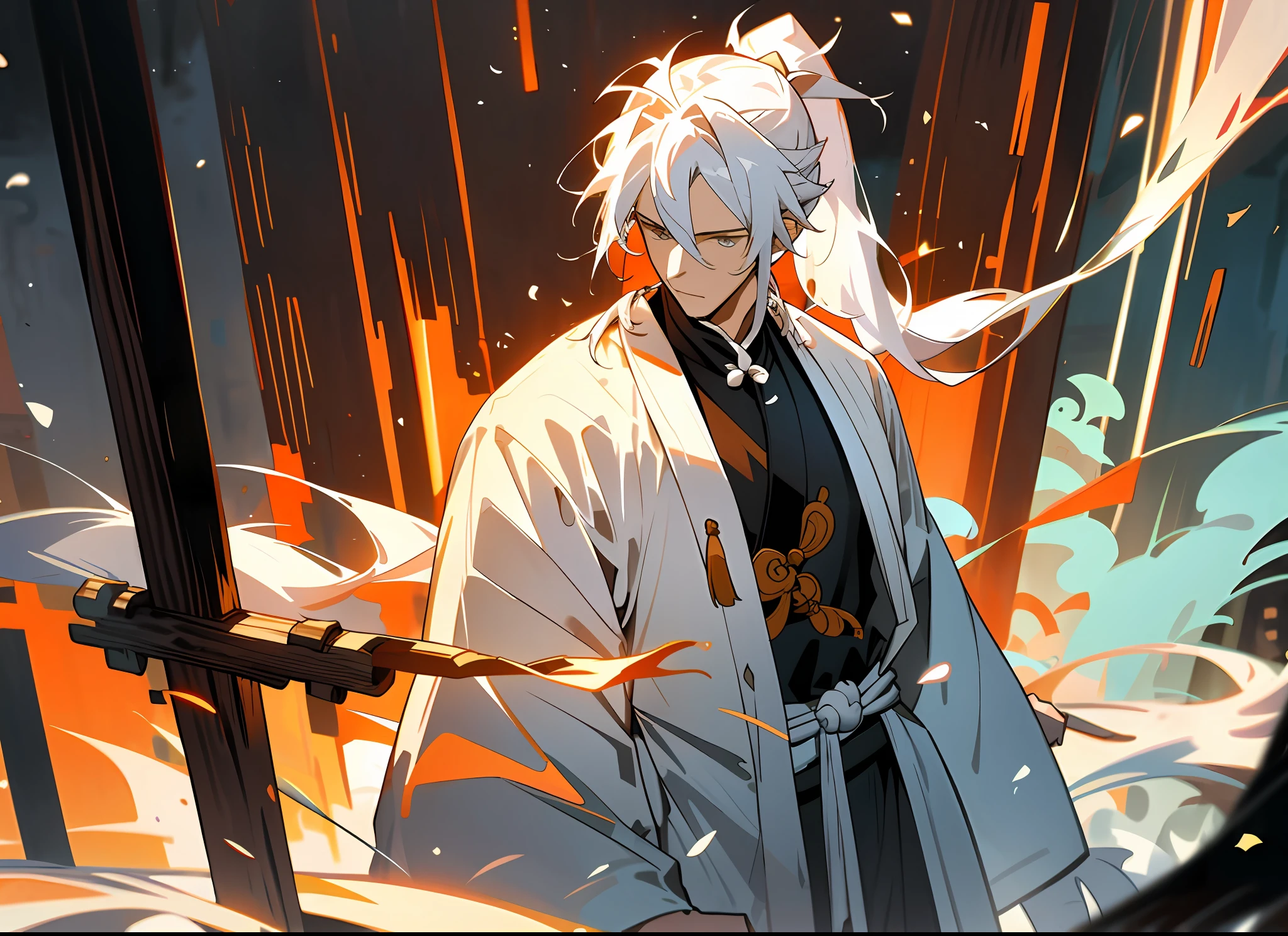 25-year-old man,White long ponytail hairstyle,White color hair,White ancient Taoist robe,Ancient wooden house outside,firewood,perspire