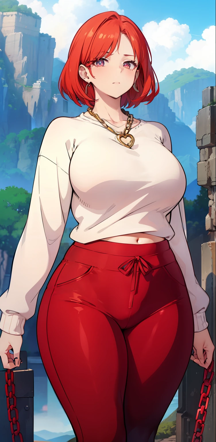 from the back, nice body, pretty face, older woman, light RED hair, eyes, neck chain, shoulders, SWEATSHIRT, LEGGING PANTS, big chest, belly, thin waist, thick legs, thick thighs, big ass, close-up scenery random background looking at viewer