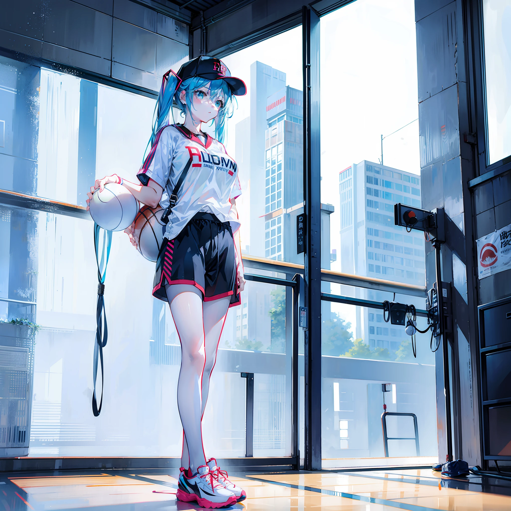 full bodyesbian，Big breasts Hatsune Miku，standing on your feet，The shirt，baseball cap， basketball ball， staredown，athletic sneakers，tall