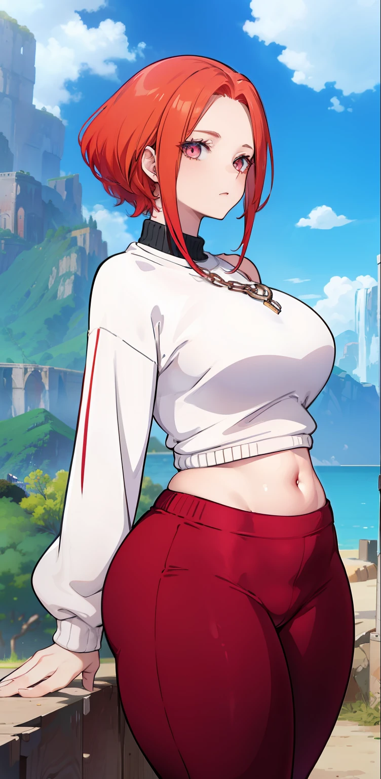 from the back, nice body, pretty face, older woman, light RED hair, eyes, neck chain, shoulders, SWEATSHIRT, LEGGING PANTS, big chest, belly, thin waist, thick legs, thick thighs, big ass, close-up scenery random background looking at viewer
