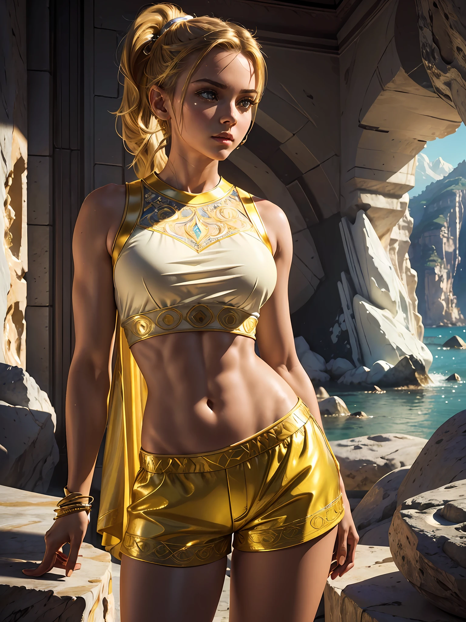 (masterpiece), (best quality), ((ultra-detailed)), (hyperrealistic), (highly detailed photo), cinematic lighting, photorealistic, extremely beautiful young lady in the marble rocks, intricate detailed crop top and shorts, shining, gloss, crisp, flirty, epic, focus, artistic, very bright, yellow, ponytail