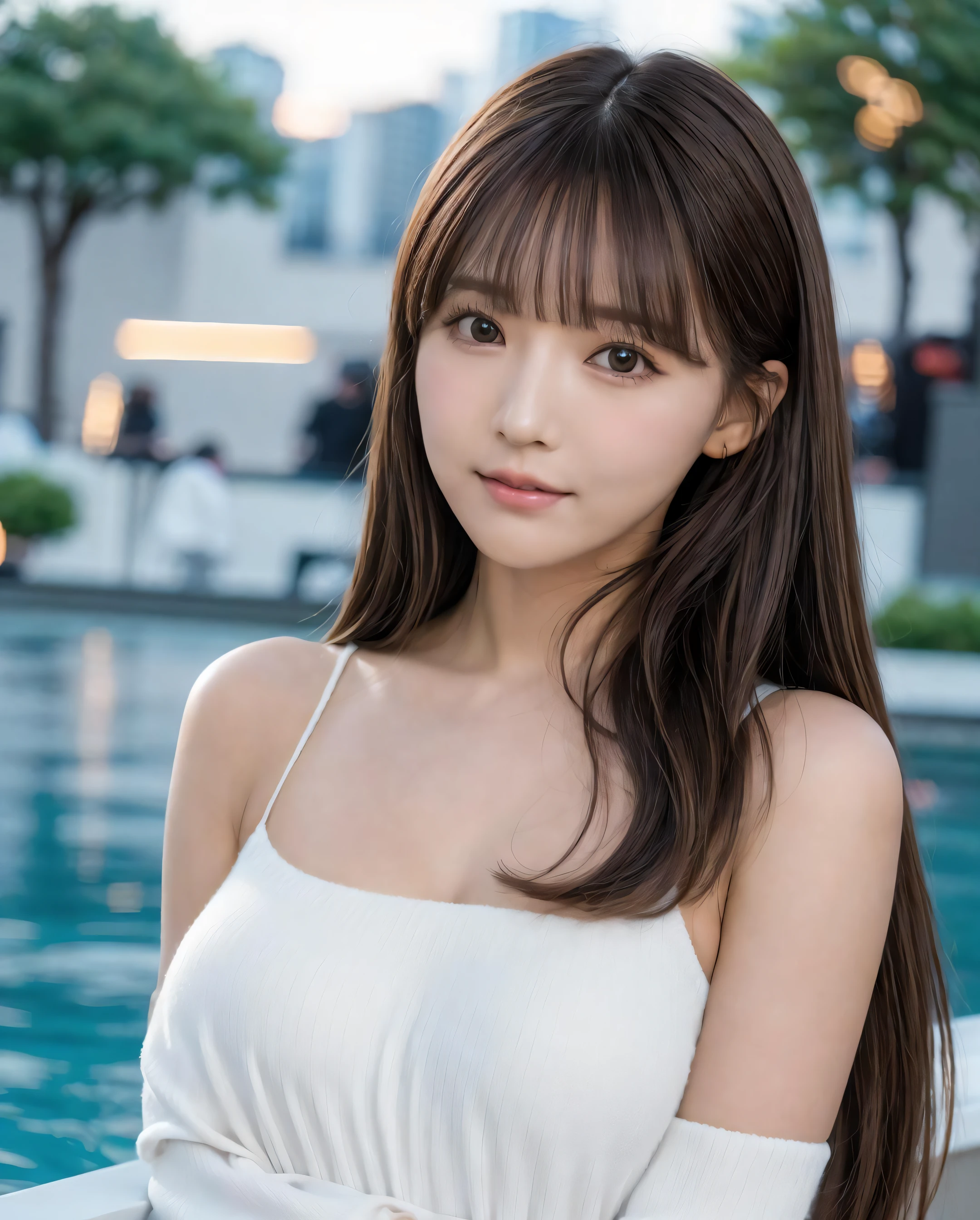 pureerosface_v1, best quality, photorealistic, 8k, high res, 1girl, woman, (skindentation), (portrait:0.6), gorgeous, dynamicpose, ((poolsidebackground:1.6)), coconut tree, ((mediumsize roundbreast, white highnecksweater:1.4)), straight-looking at viewer:1.8, (1girl eyes looking at viewer, medium-length hair, brownhair, partedbangs:1.65), (bokeh), smile:1.2, (closed mouth:1.16),