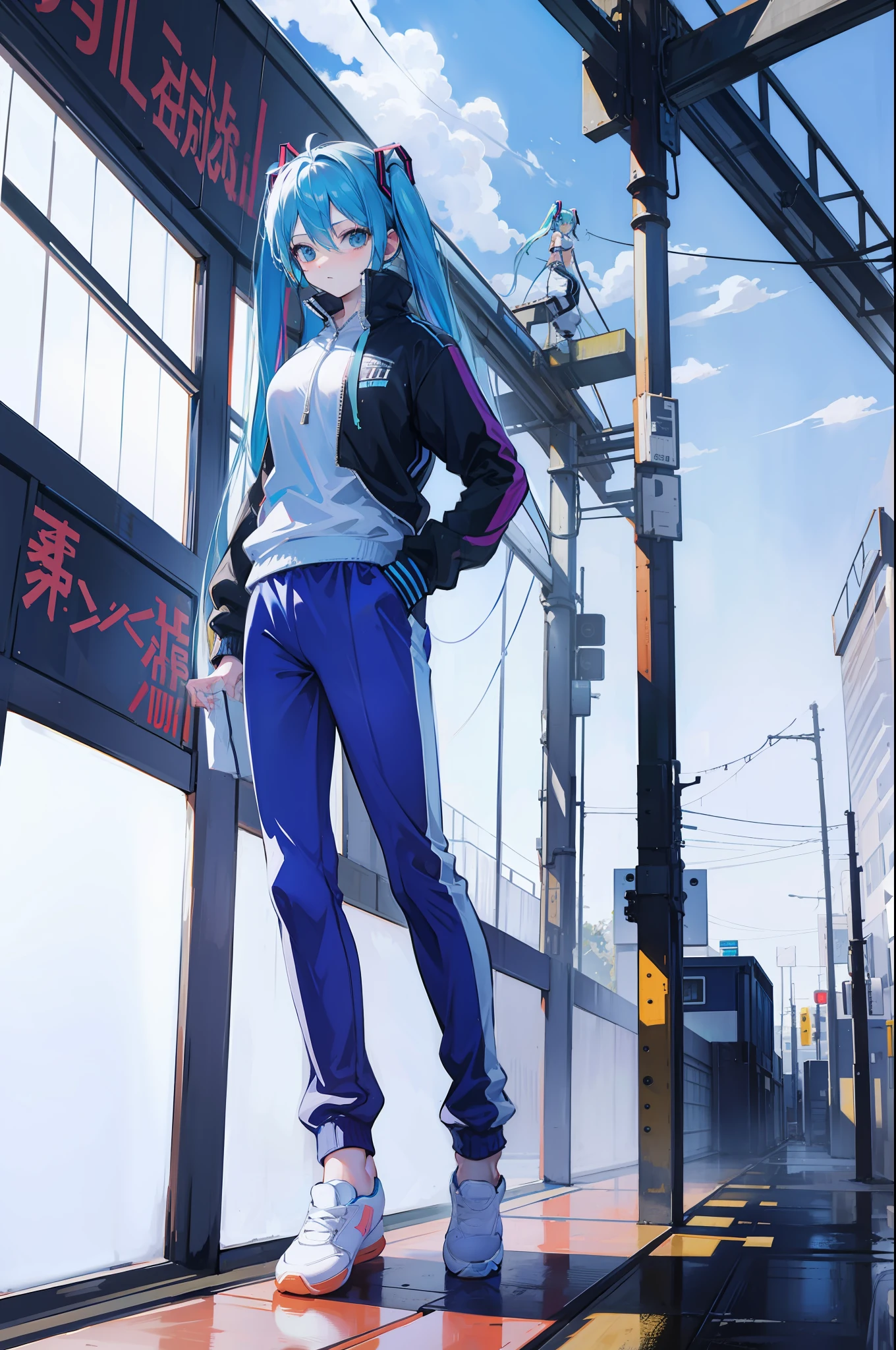 full bodyesbian，Big breasts Hatsune Miku，standing on your feet，athletic sneakers，track pants