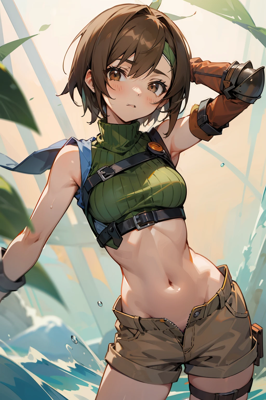 (masutepiece, 8K,Very detailed),1girl in, Short hair, head band, Navel, Sleeveless, turtle neck, Brown eyes, sleeveless turtleneck, breasts, gloves, croptop, Brown hair , Shorts, Midriff, armor, Sweaters, open fly, Fingerless gloves, Ribbed sweater, medium breasts, Yuffie_Kisaragi_01 Girls,Mare,sodden,Dynamic Angle