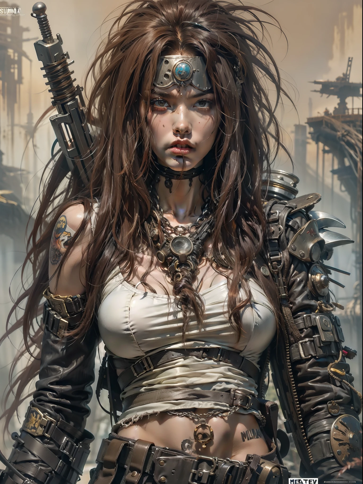 A post-apocalyptic warrior, uma mulher de 35 anos quase nua no estilo Simon Bisley para a capa da revista Heavy Metal, cabelo metade preto metade branco, Minimum clothing, roupas curtas,