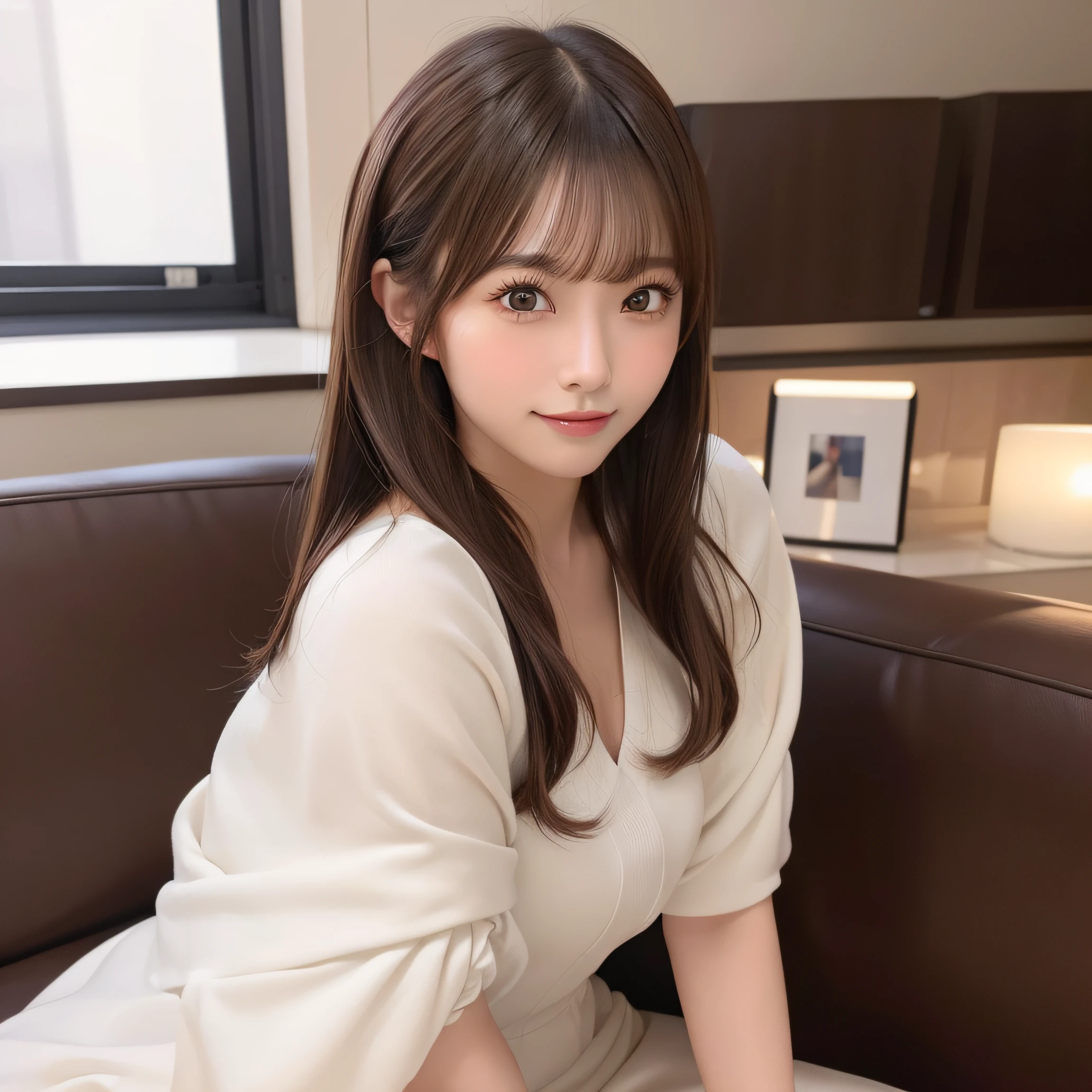 8k RAW photo,Best Quality, top-quality:1.1, ​masterpiece:1.3,超A high resolution, (Photorealistic:1.4), Raw photo, (upper thigh:1.5, From Side), natural skin textures:1.1, realistic eyes and face details:155, Full lips,(Background is blurry:1.4), (in a suite), 1日本人の女の子, Cute, (Solo:1.6), (Shy smile), (Dark brown eyes), Smooth skin, (Brown medium hair,Bangs), (touch hair:1.4),nogizaka,s Office,Business suits、full bodyesbian、poneyTail、Sit on the sofa