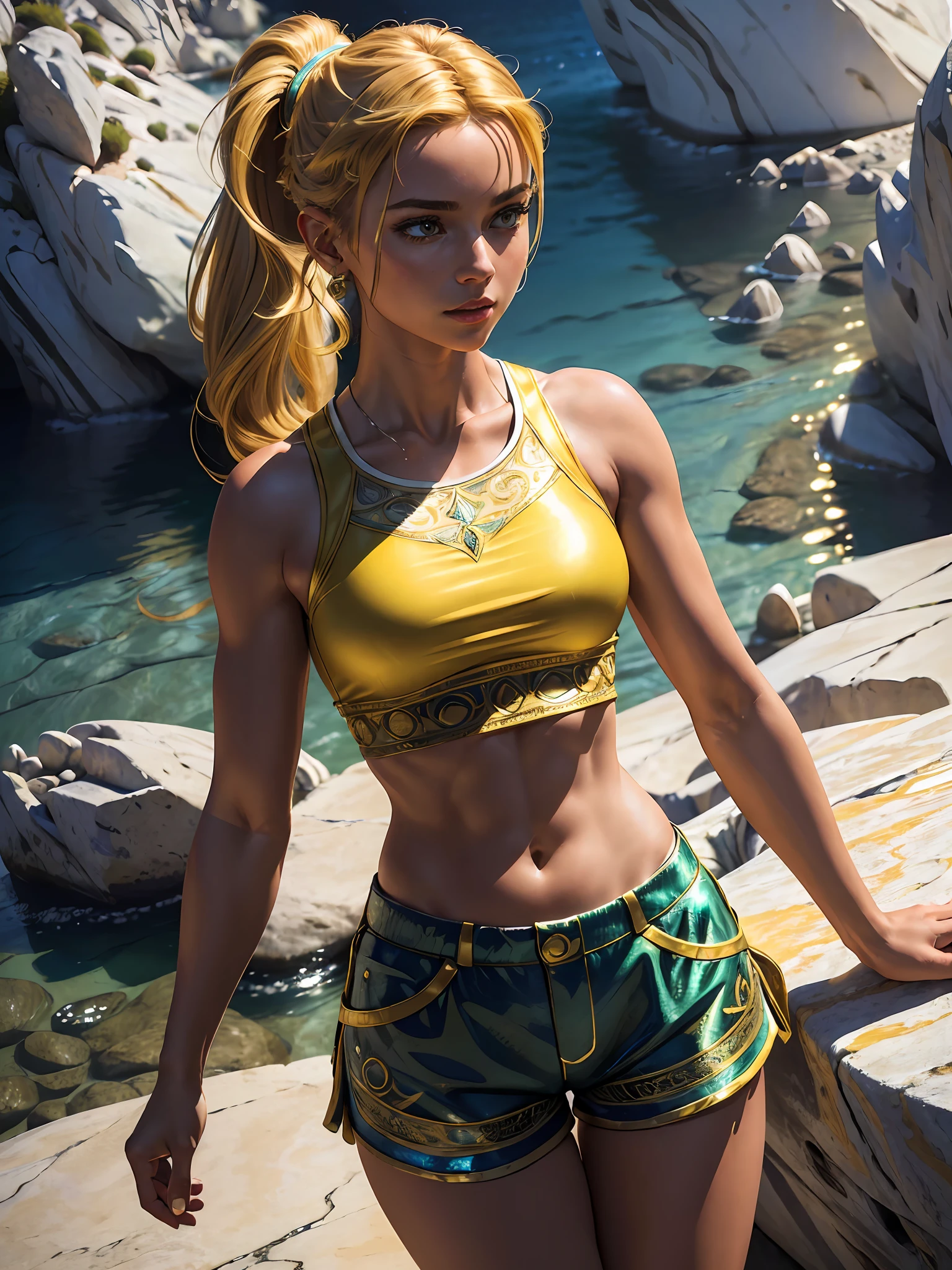 (masterpiece), (best quality), ((ultra-detailed)), (hyperrealistic), (highly detailed photo), cinematic lighting, photorealistic, extremely beautiful young lady in the marble rocks, intricate detailed crop top and shorts, shining, gloss, crisp, flirty, epic, focus, artistic, very bright, yellow, ponytail