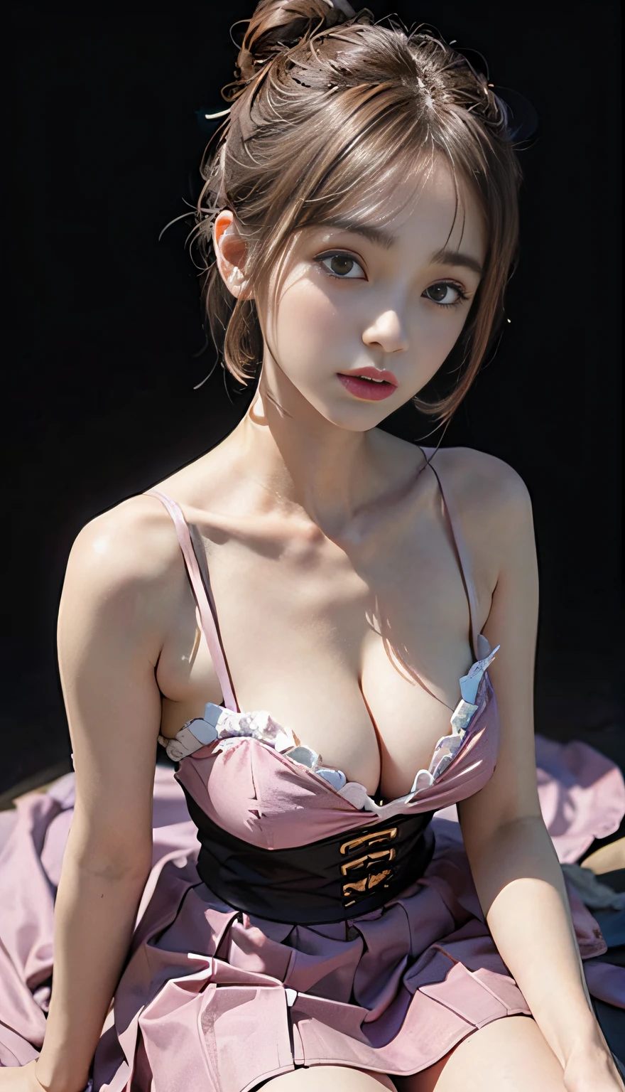 (Raw photography、top-quality)、(realisitic、Photorealsitic:1.3)、top-quality、masterpiece、extremely delicate and beautiful、A highly detailed、nffsw、A sense of unity、2k wallpaper、magnifica、Beautiful in every detail、masterpiece、浅笑、top-quality、Highly detailed ticker Unity 8K wallpapers、huge filesize、ultra-detailliert、hight resolution、ighly detailed、Female 1 Person、Slim body、D-cups、(Black Leotard Top:0.7)、(Pink skirt:1.2)、(Bun hair)、(brown haired)、Look at the front、Sharp Focus、Face Close-up、pureerosface_v1:0.8 Short Hair