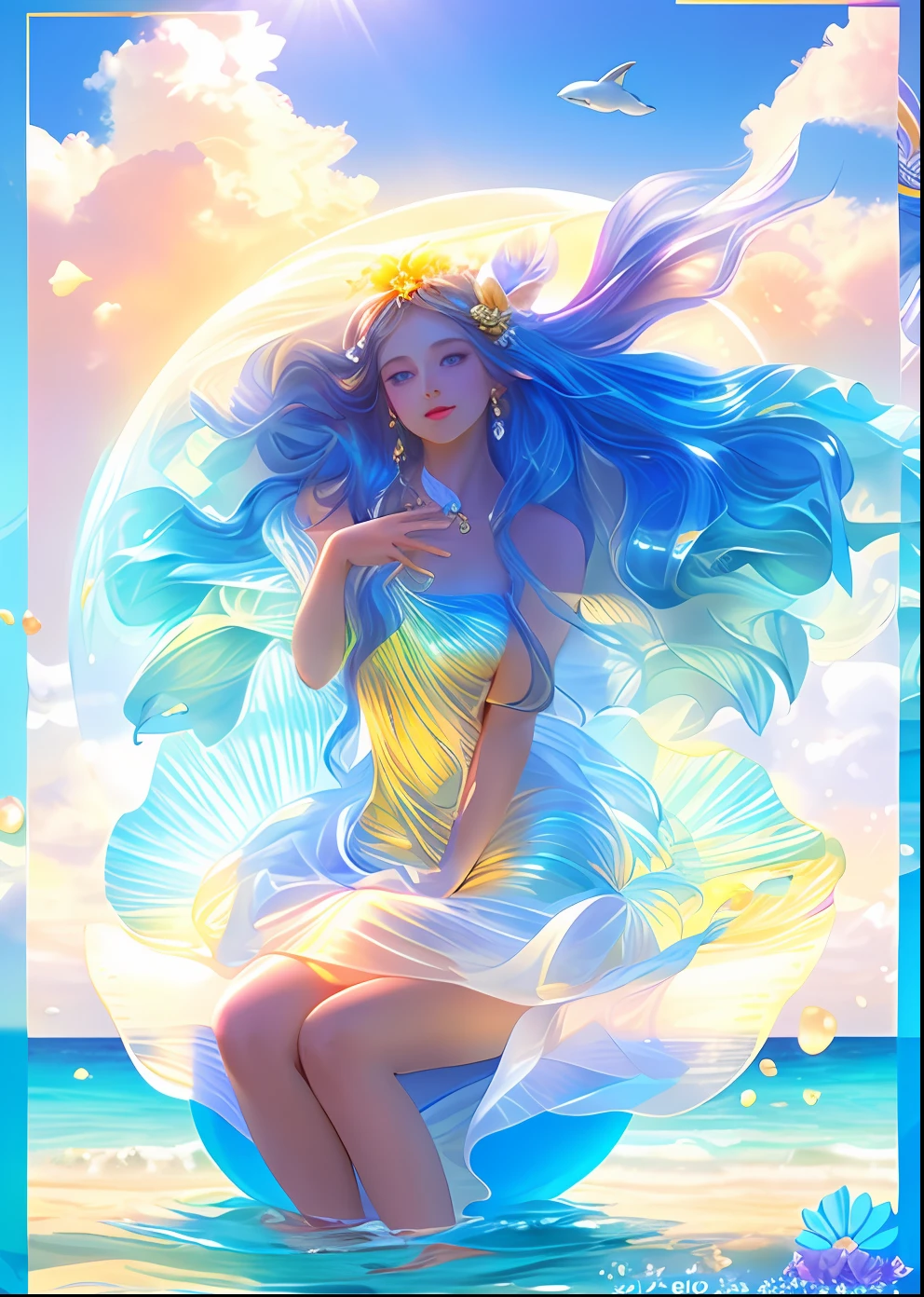 There was a beautiful lady who came out of the sea sitting in a huge shell,A golden apple in hand,Perfect posture,Fair smooth skin,floated hair,Venus out of the water,No clothes,Draped in white veil,Clear sea,There are three dolphins in the distance,Exquisite beauty,Showcasing the perfection of the figure,Goddess. Extremely high detail, extremely detailed goddess shot, Extremely detailed flower goddess,Blue sky,The background of the character has a light rainbow aperture, hyper HD,psychedelic goddess, goddess art, Beautiful digital artwork, Beautiful goddess,tmasterpiece,4K,Realiy,photorealestic,professional photoshooting,超高分辨率,