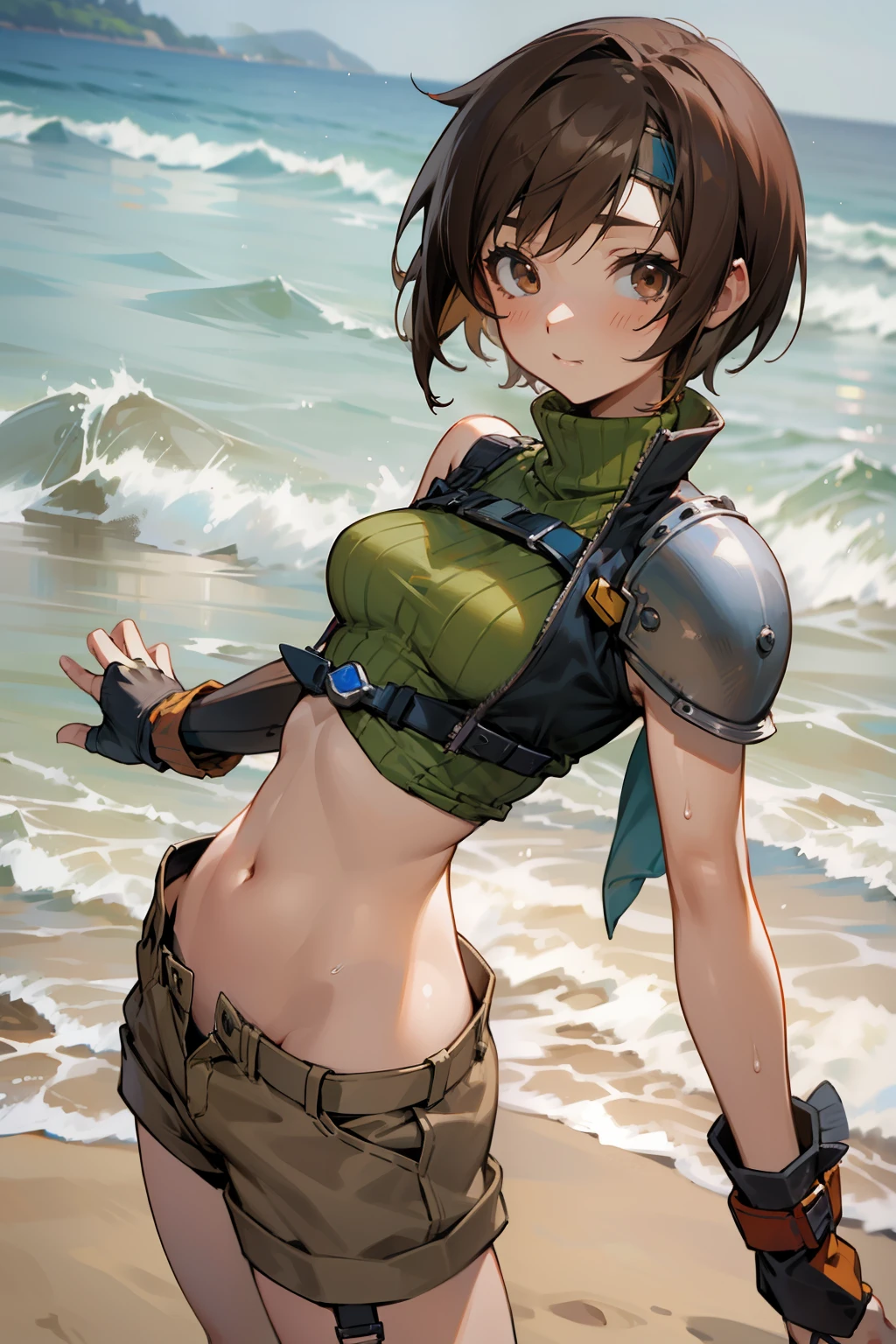 (masutepiece, 8K,Very detailed),1girl in, Short hair, head band, Navel, Sleeveless, turtle neck, Brown eyes, sleeveless turtleneck, breasts, gloves, croptop, Brown hair , Shorts, Midriff, armor, Sweaters, open fly, Fingerless gloves, Ribbed sweater, medium breasts, Yuffie_Kisaragi_01 Girls,beach,sodden,Dynamic Angle