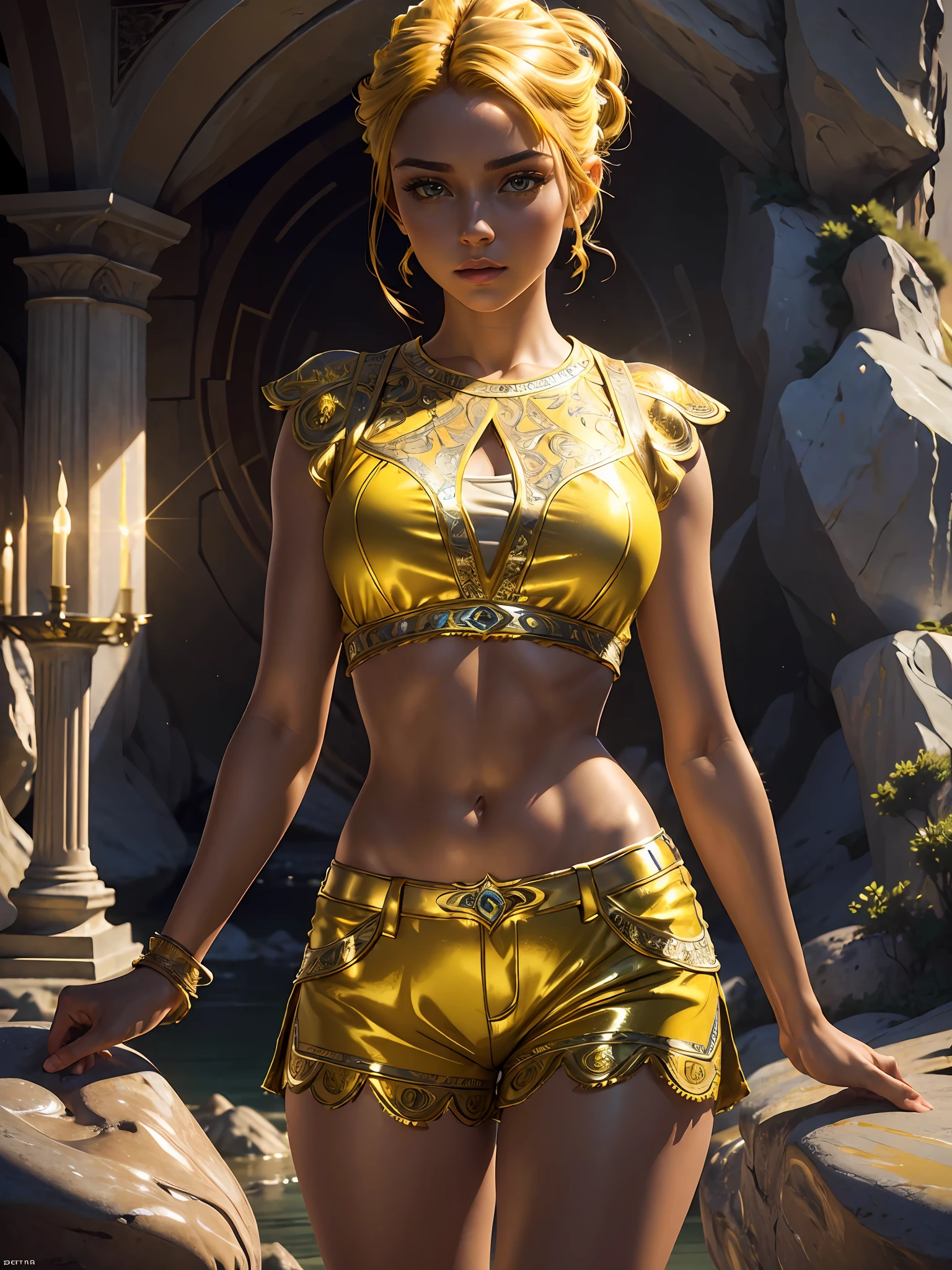 (masterpiece), (best quality), ((ultra-detailed)), (hyperrealistic), (highly detailed photo), cinematic lighting, photorealistic, extremely beautiful young lady in the marble rocks, intricate detailed crop top and shorts, shining, gloss, crisp, flirty, epic, focus, artistic, very bright, yellow, intricate hairstyle