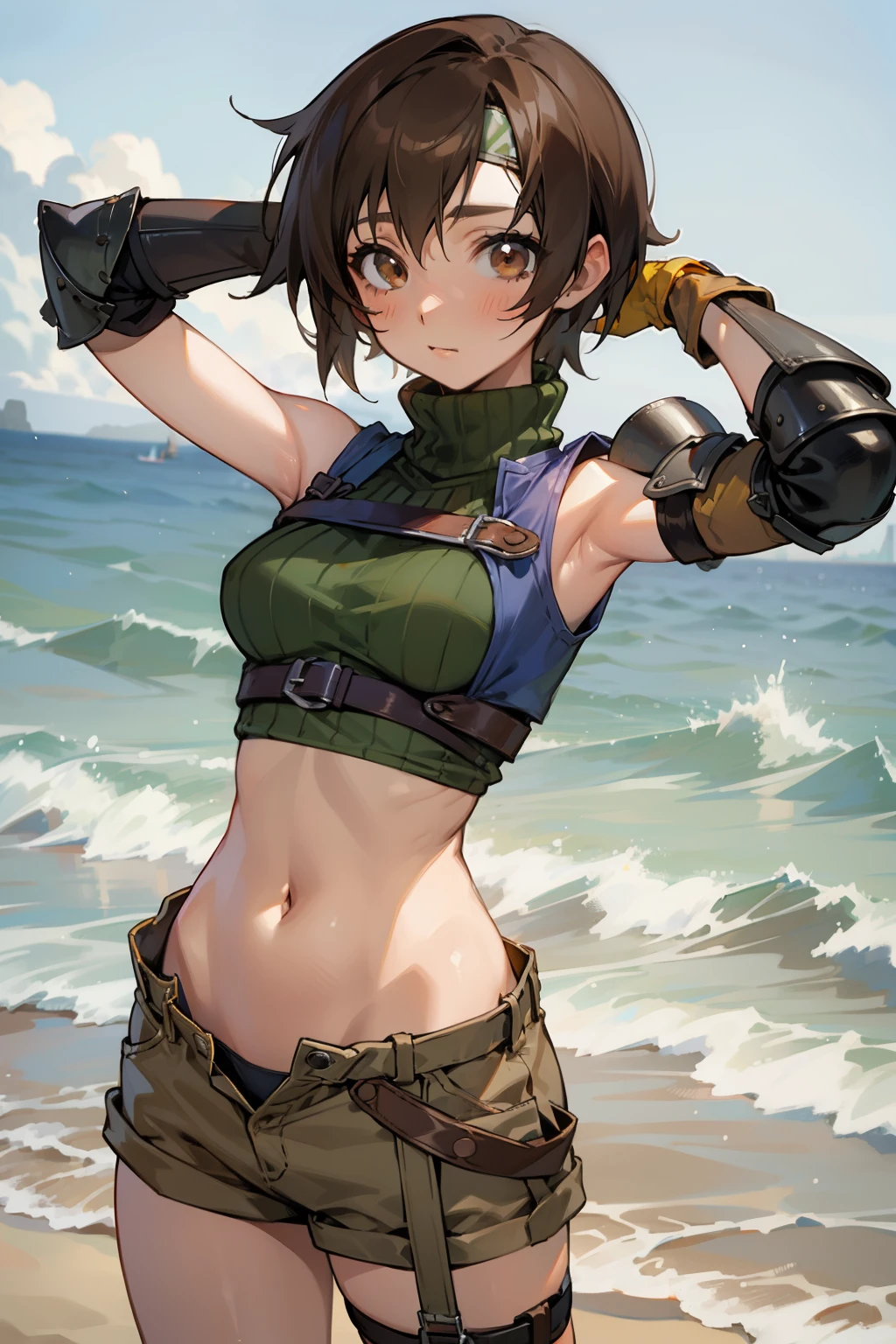 (masutepiece, 8K,Very detailed),1girl in, Short hair, head band, Navel, Sleeveless, turtle neck, Brown eyes, sleeveless turtleneck, breasts, gloves, croptop, Brown hair , Shorts, Midriff, armor, Sweaters, open fly, Fingerless gloves, Ribbed sweater, medium breasts, Yuffie_Kisaragi_01 Girls,beach,sodden,Dynamic Angle