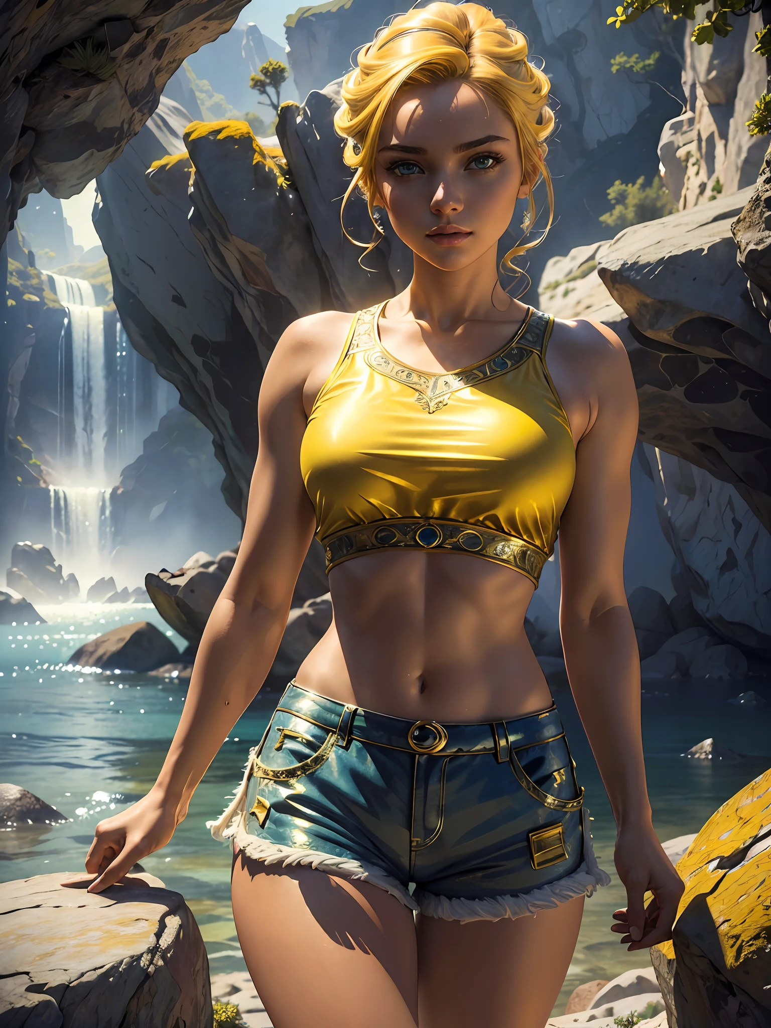 (masterpiece), (best quality), ((ultra-detailed)), (hyperrealistic), (highly detailed photo), cinematic lighting, photorealistic, extremely beautiful young lady in the marble rocks, intricate detailed crop top and shorts, shining, gloss, crisp, flirty, epic, focus, artistic, very bright, yellow, intricate hairstyle