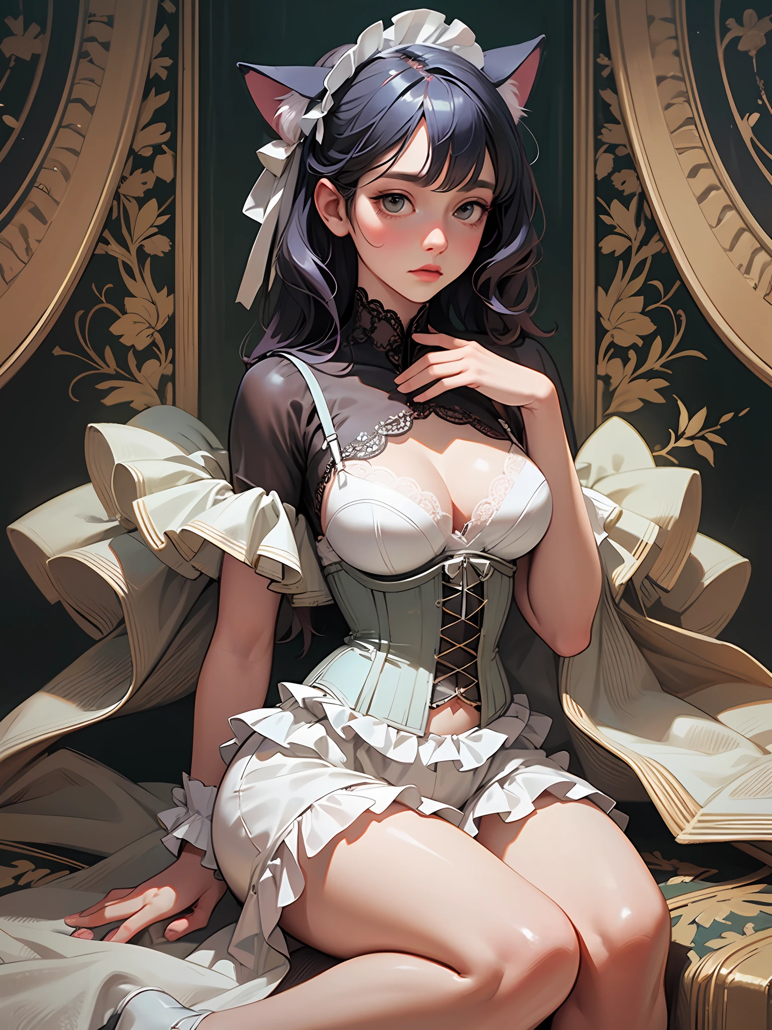 (Artwork of exceptional craftsmanship),(Detailed illustrations,(Very ideal anatomy),Very detailed and detailed drawing,Delicate lines with slow and rapid,(Realistic texture expression)),[Color tressed main line],[Strange bedroom background],[HENTAI ANIME] (JapaneseGirl (Beautiful shape) 15yo student [Luxury Girl] (cat ear ((plump)) (large chest with drooping,[wide areola]))),(Full body lingerie (Pure white corset) (Ribbon Ruffled Lace Fabric [lolita fashion])),[Realistic and glossy skin expression ([High humidity] (Soft body)),([sitting] [[boredom]] gravure),Transparency, soft ambient light,(Perfectly proportioned),(Fine and beautiful skin expression [realistic skin detail]),[Design built to the highest level,[Advanced structural understanding of materials],Ideal color coordination],(Intricate and beautiful decoration [Dense detail]),(More on shiny hair),[Perfect hand details [Beautiful Finger]],(Beautiful perfect face [Realistic face details]),[Clear gaze],[long and beautiful eyelashes],[Perfect eye details (Eyes beautifully drawn down to the smallest detail)],(detaileds,high-detail),([Precision Detail],[multi-layer texture],HighQuality,hight resolution),[(Accurate simulation of light-material interactions),Understanding Airflow,Mechanically correct representation],[Visual art that conveys a sense of narrative] [Full body like],[[Desaturation]].