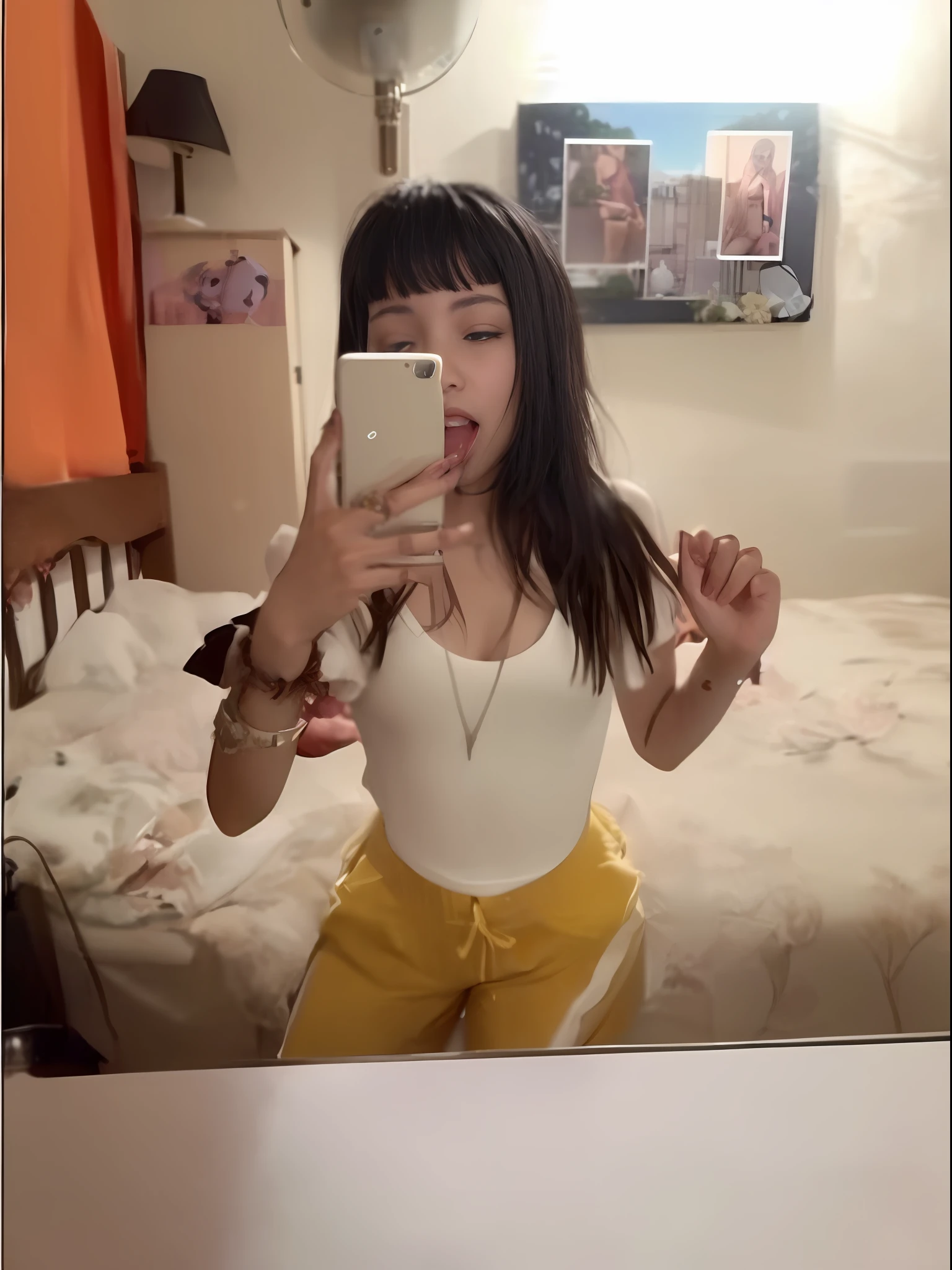 Araffed woman taking a selfie in a mirror in a bedroom, con flequillo completo, foto filtrada, 18 years old, 19 year old girl, Melanie Martinez, 1 6 years, Flequillo contundente cae sobre su frente, Chica de anime en la vida real, Llevar croptop amarillo, Hermosa Delphine, Foto de perfil, she is about 1