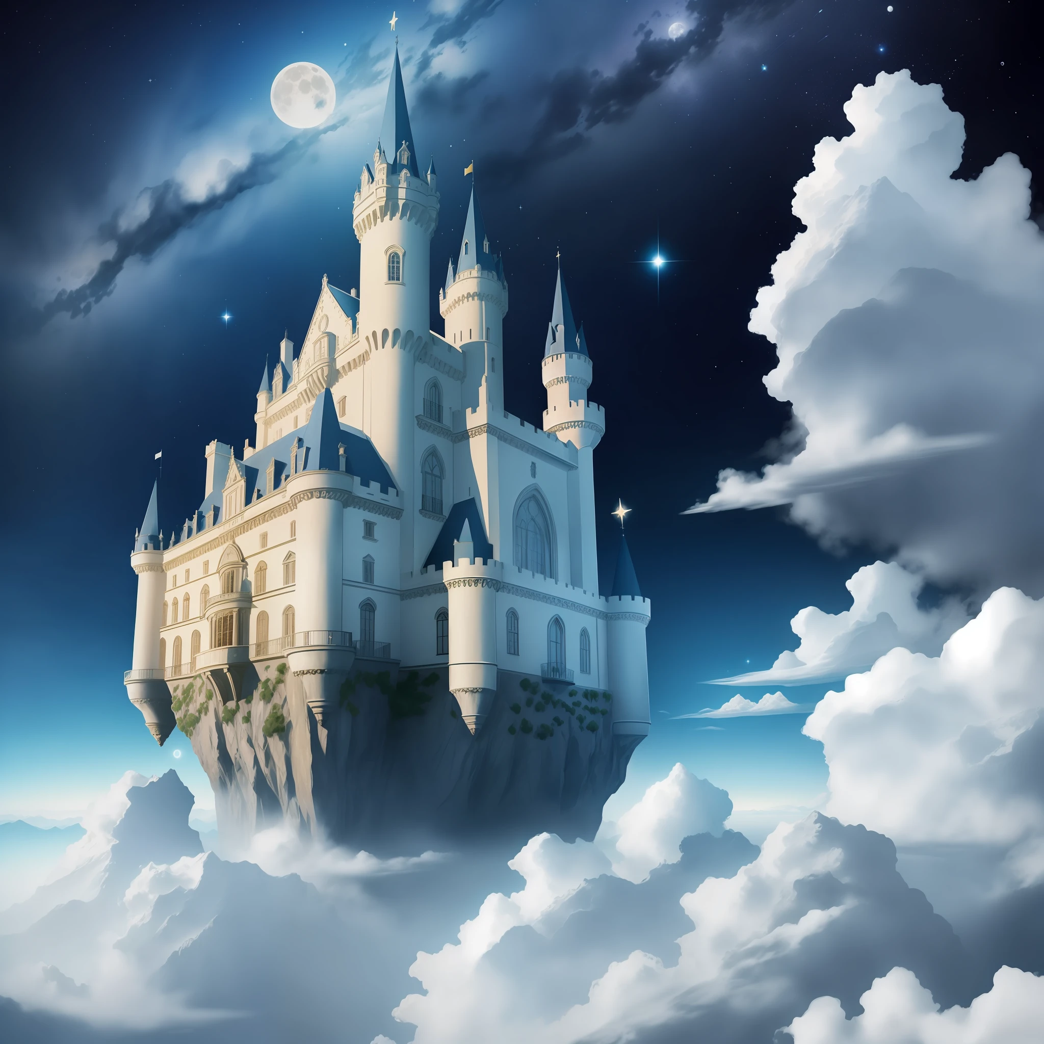 floating castle of the Pyrenees in th sky, starry sky, full moon, shooting star, space train, Magritte