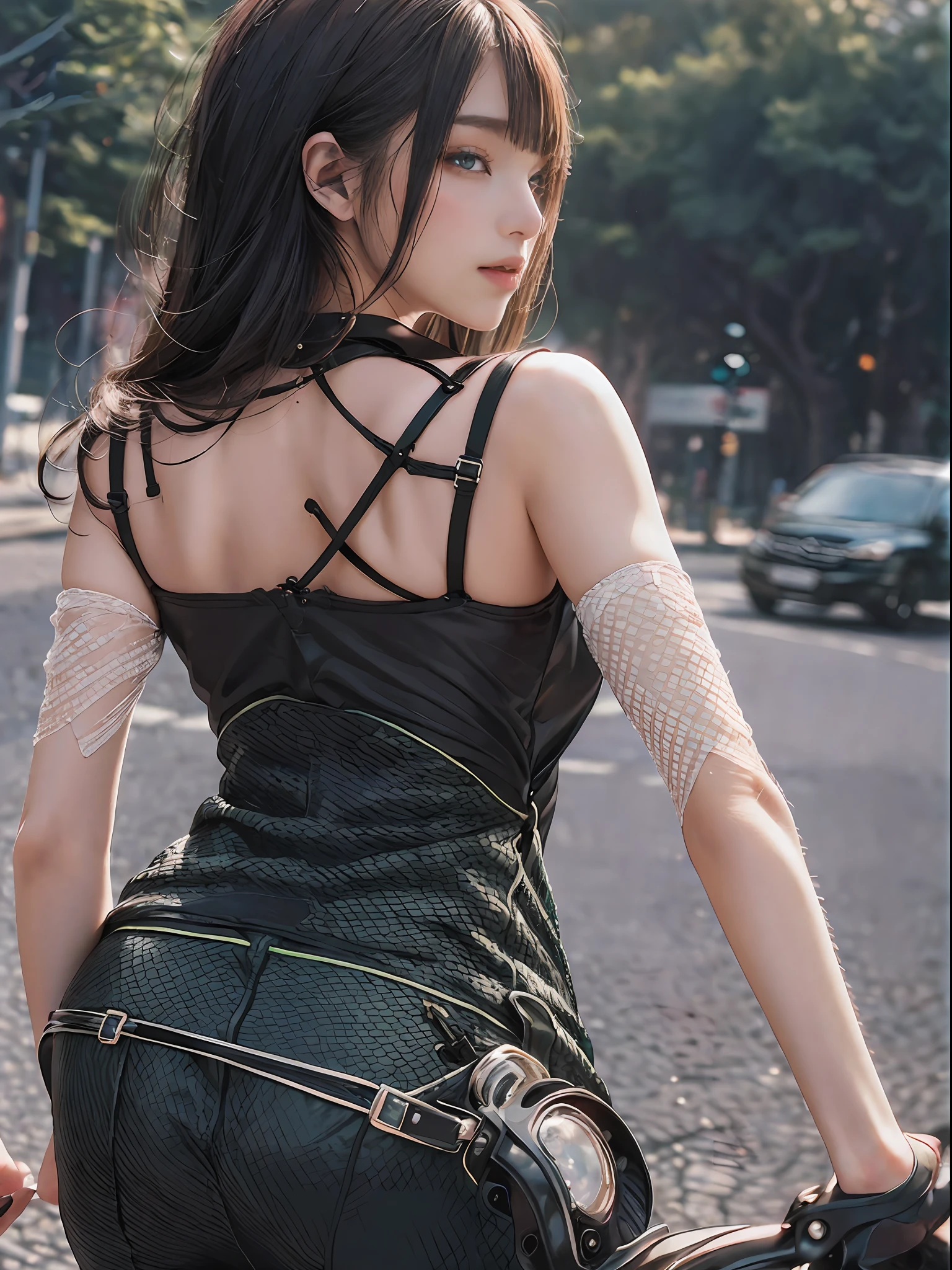 (Pull Camera 1.5)、((masterpiece)), ((top-quality)), (The ultra-detailliert), ((highly contrast)), (a high chroma), (Beautiful detail eyes), ((extremely delicate and beautiful)), (nice hand), ((perfect hand)), (modern city in background), 夏天, plein air, Girl on a motorcycle, Small bicycles、Ride a small green motorcycle、(Beautiful feet riding a motorcycle)、Drawn camera viewpoint, 20yr old,beautiful Girl,deadpan,view front,(Lots of bangs:1.5), (long:1.2) , (a closed mouth:1.2, A detailed eye, lofty nose, Beautiful sharp face) ,(Wonderfully beautiful eyes:1.4) ,No makeup, dark ambiance ,broody、magnifica